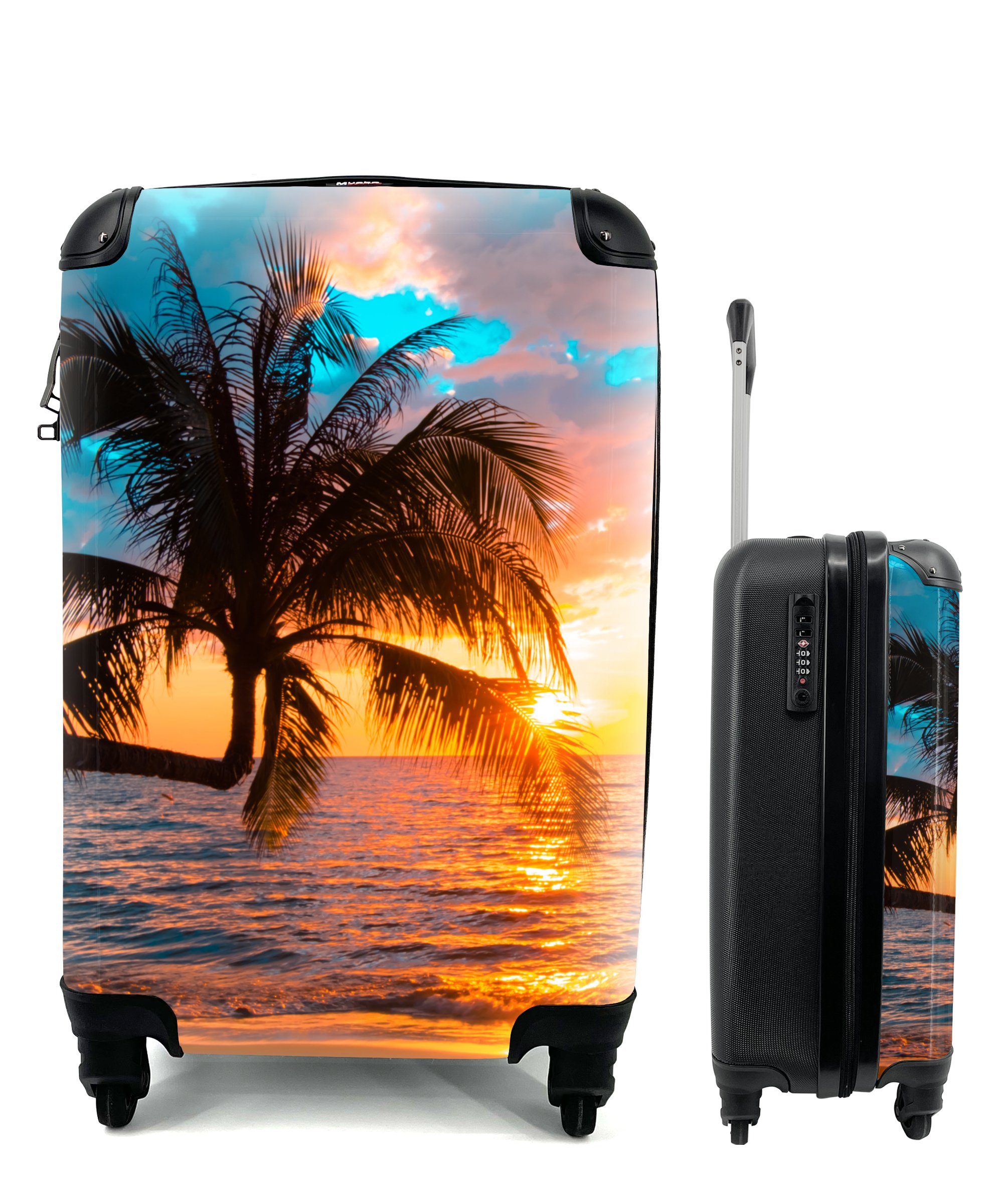 MuchoWow Handgepäckkoffer Palme - Sonnenuntergang - Horizont - Strand - Meer - Tropisch, 4 Rollen, Reisetasche mit rollen, Handgepäck für Ferien, Trolley, Reisekoffer