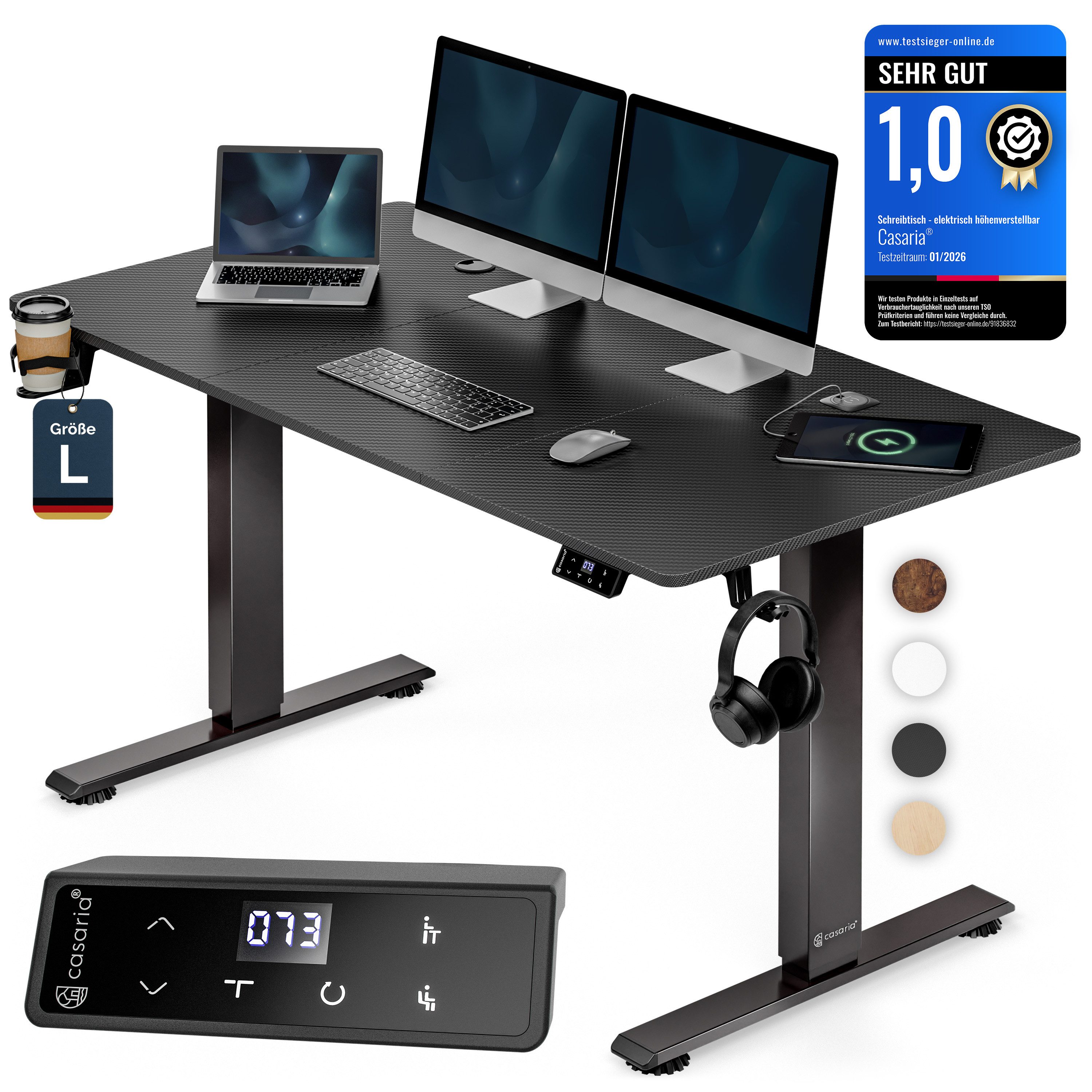 Casaria Schreibtisch Elektrisch höhenverstellbar Memory-Funktion Sitz-/Steherinnerung, Höhenverstellbar elektrisch mit Wireless Charger 120 / 140 / 160 cm