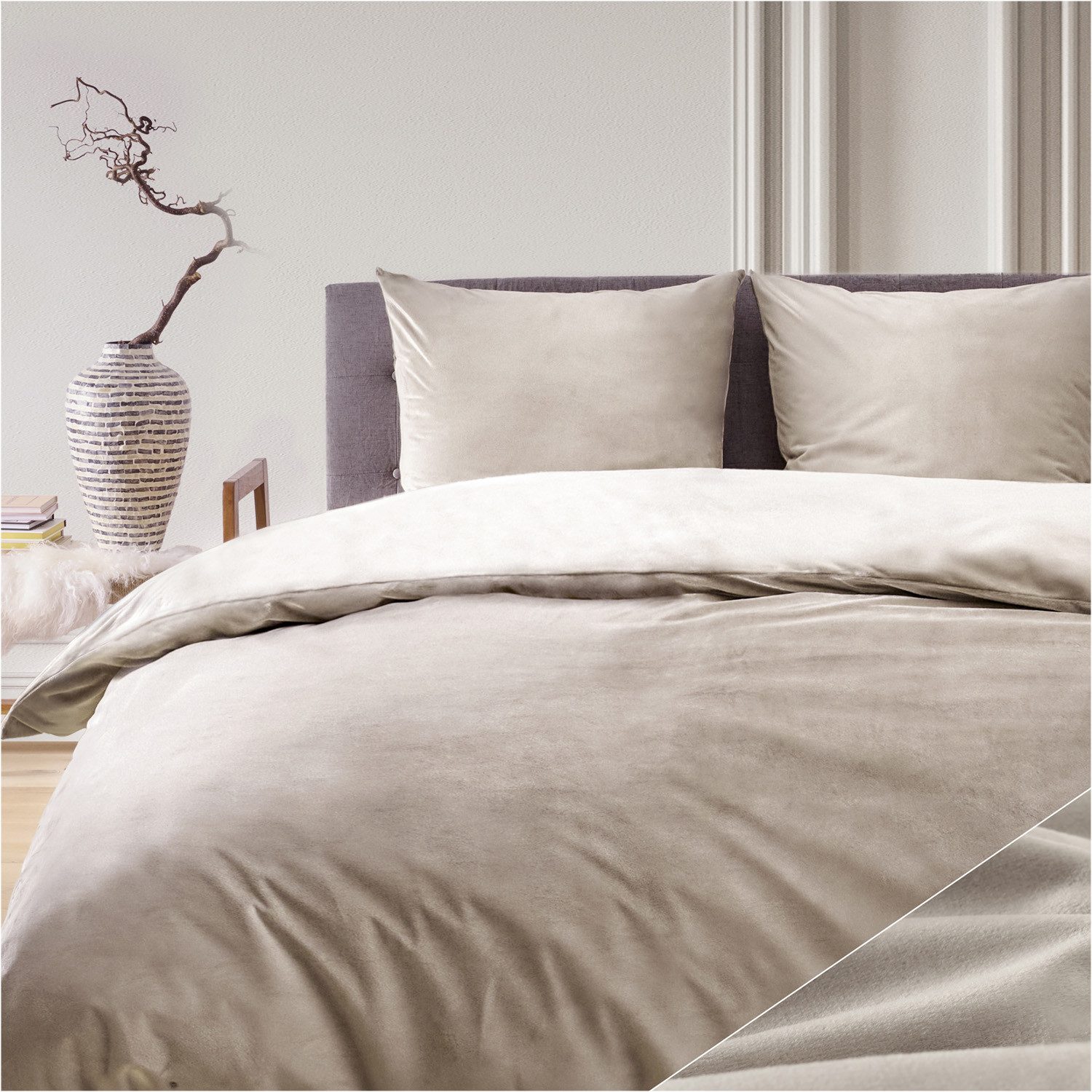 Blumtal Bettwäsche Cashmere-Touch Plüsch, Taupe, Deckengröße 1 St. x 135 cm x 200 cm, Kissengröße 1 St. x 80 cm x 80 cm