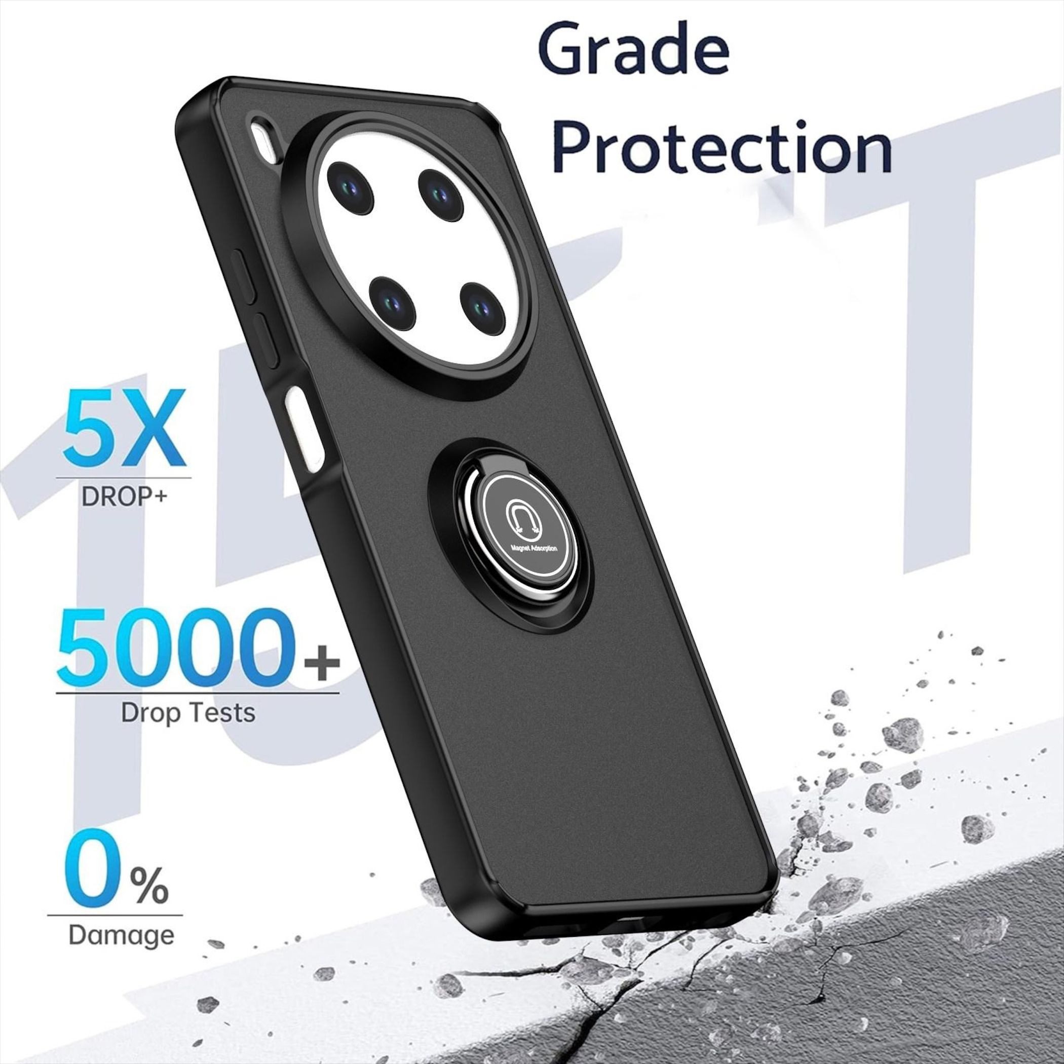Wigento Handyhülle Für ZTE Blade V70 Max Q Series Design TPU + PC Schutz Hülle Schwarz, Magnetringhalter stoßfestes Hybrid Material