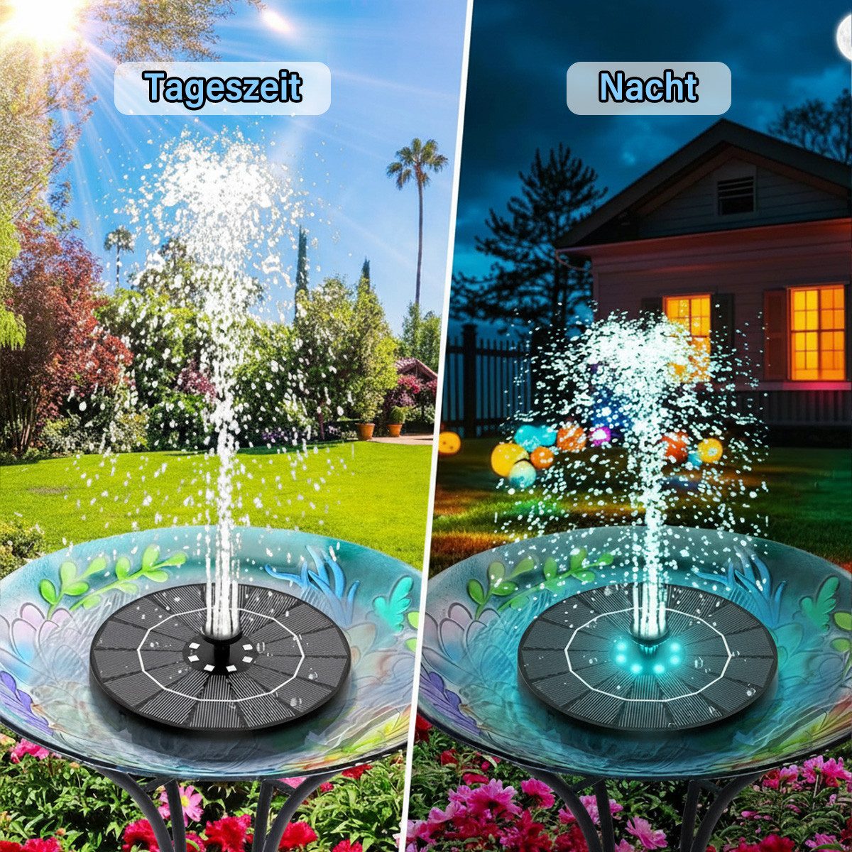 MOPUEA Gartenbrunnen Gartenbrunnen LED-Solarbrunnen, erhältlich mit und ohne Beleuchtung, (1 tlg), mit 4 Düse, Solar Schwimmender Fontäne Pumpe für Garten, Teich