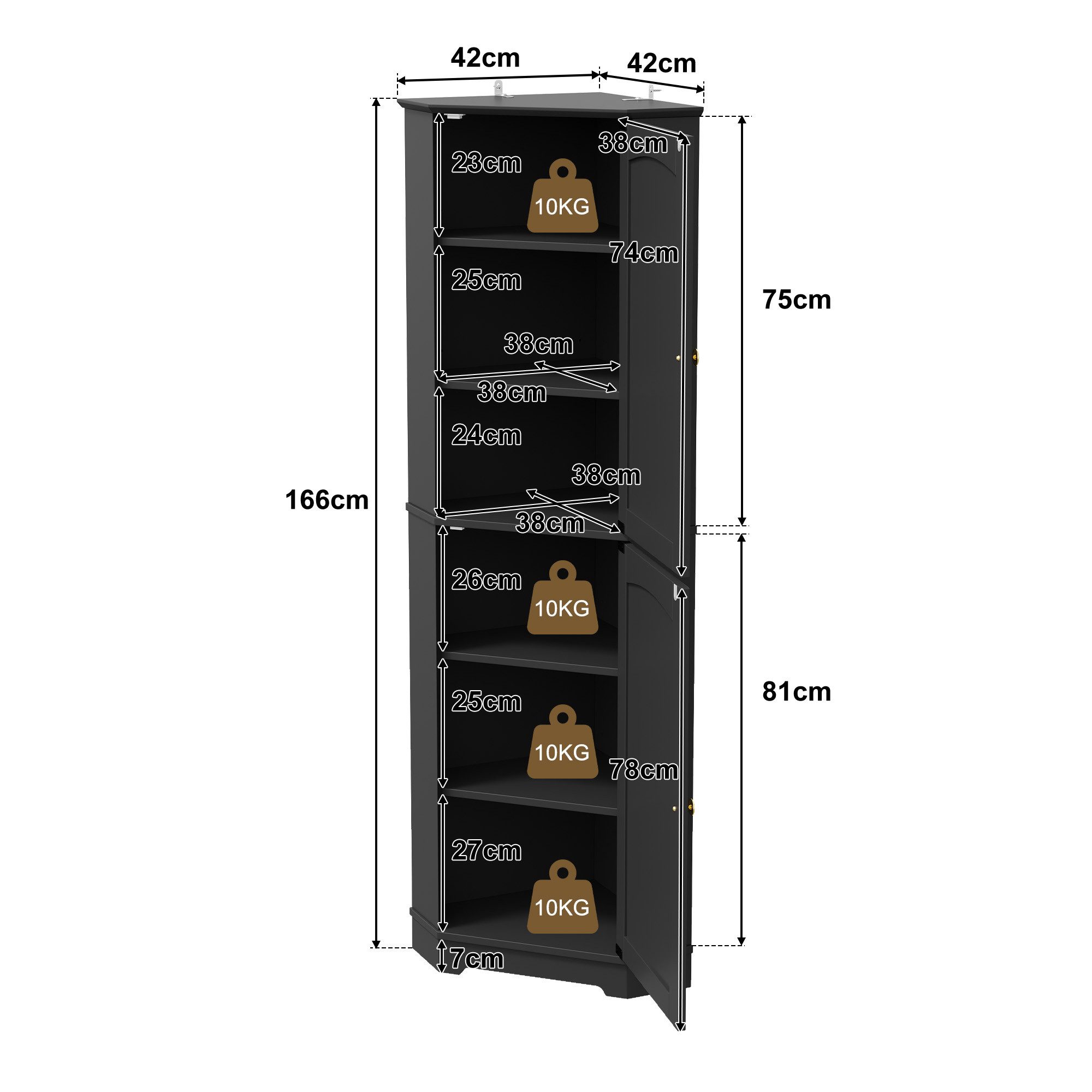 Flieks Eckschrank Hochschrank mit 2 Türen, 6 Fächer, verstellbaren Einlegeböden (42x42x166 cm, 1-St., Sideboard für Esszimmer, Wohnzimmer, Wohnzimmer, Badezimme – Bild 5 von 5