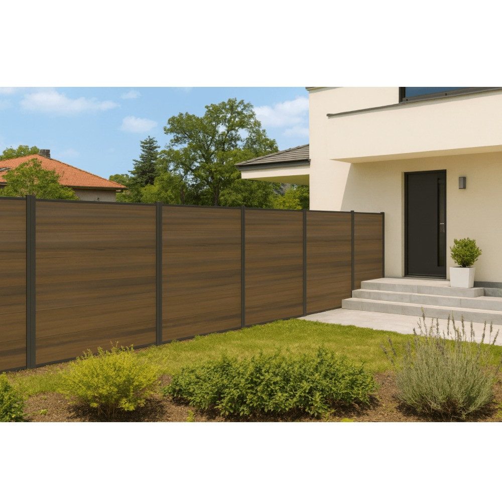 Woodstore24 Zaun Komplettset XXXL Premium coex. WPC Zaun zum einbetonieren teak, (Sichtschutz - 1,79 m Breite, 1,73 Höhe, 2 cm Stärke, Lamellenzaun Komplettset inkl. Pfosten, Start- und Endprofil), Stecksystem, Lamelle aus recyceltem Kunststoff & Holzfasern, teak