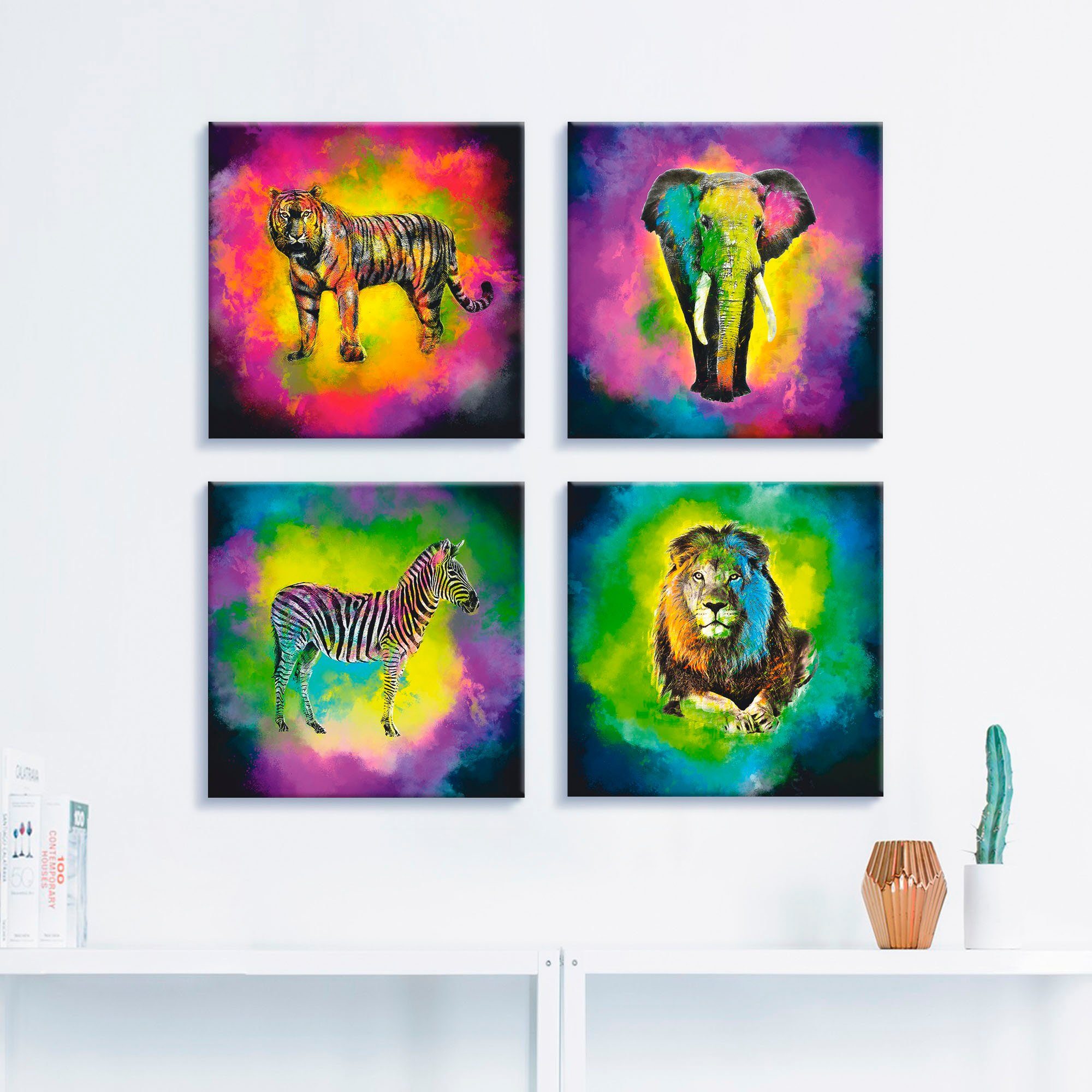 St), Elefant Set, Zebra Wildtiere Farbexplosion Tiger, Leinwandbild Größen verschiedene Löwe 4er Artland (4