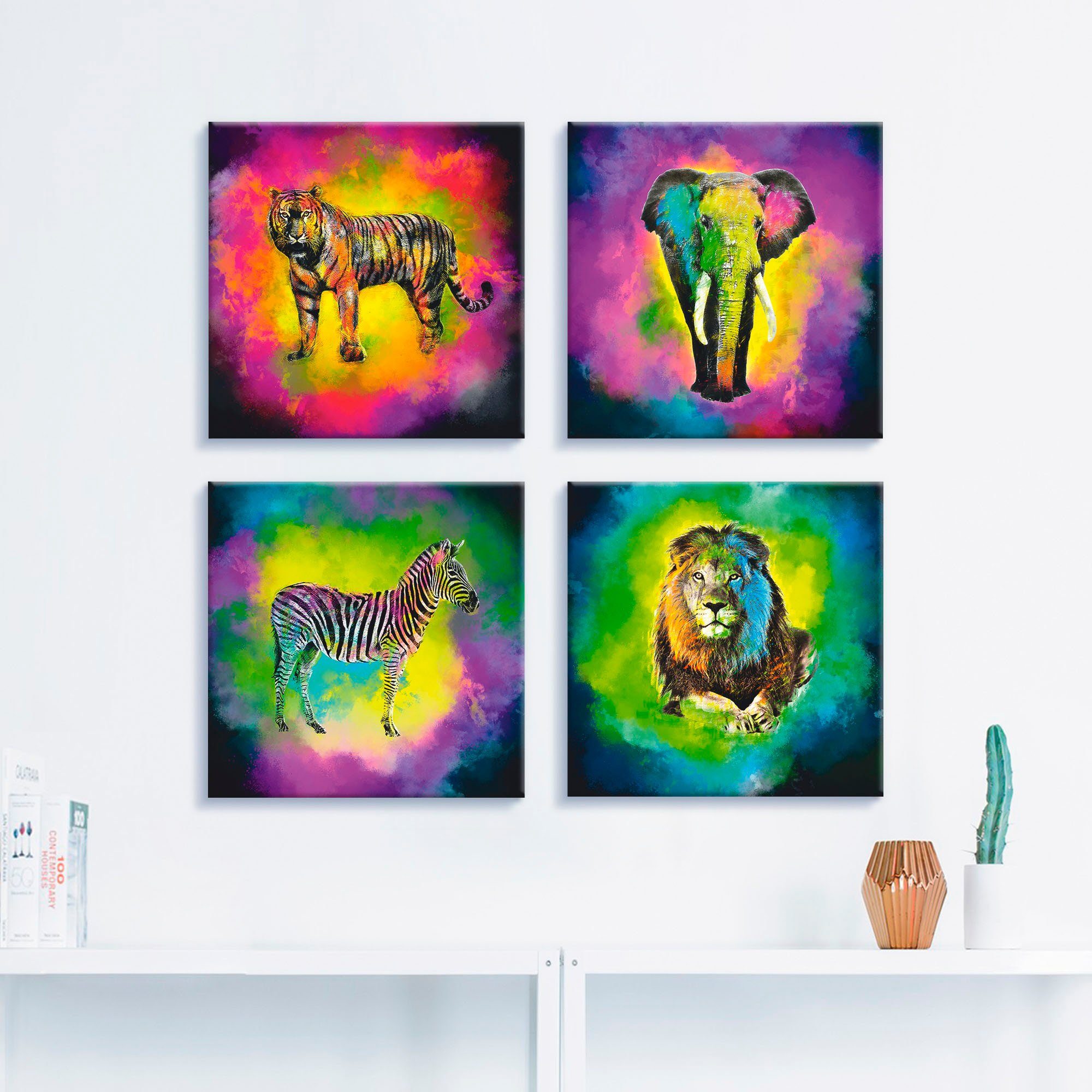 Artland Leinwandbild Farbexplosion Elefant Löwe Zebra Tiger, Wildtiere (4 St), 4er Set, verschiedene Größen