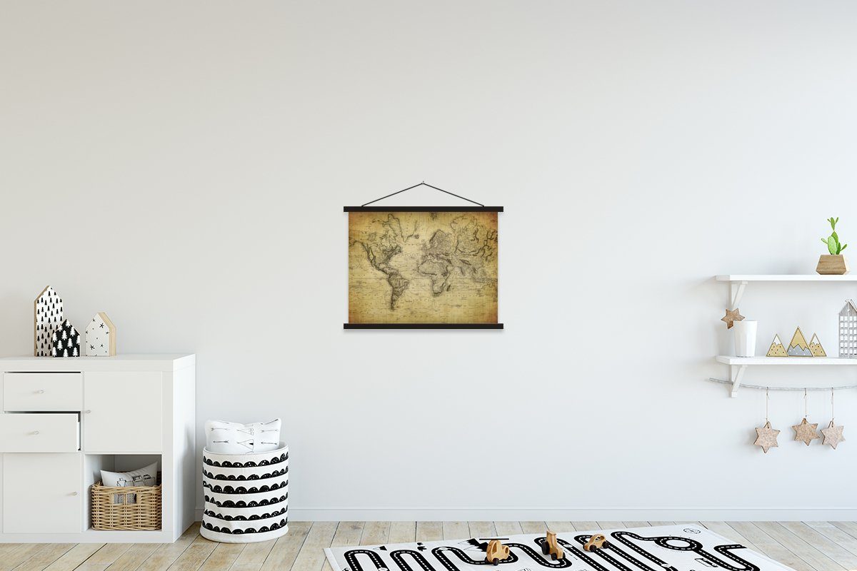 MuchoWow Poster Weltkarte - Vintage - Antik - Braun - Papier, (1 St), Magnetische Posterleiste, Holzleisten, Textilposter, 40x30 cm