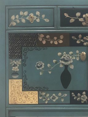 OPIUM OUTLET Kommode Asia Schrank Sideboard orientalisch chinesisch (Hochzeitsschrank fernöstlich, komplett montiert, blau, asiatisch, Vintage-Stil), Kommode Anrichte Büffet