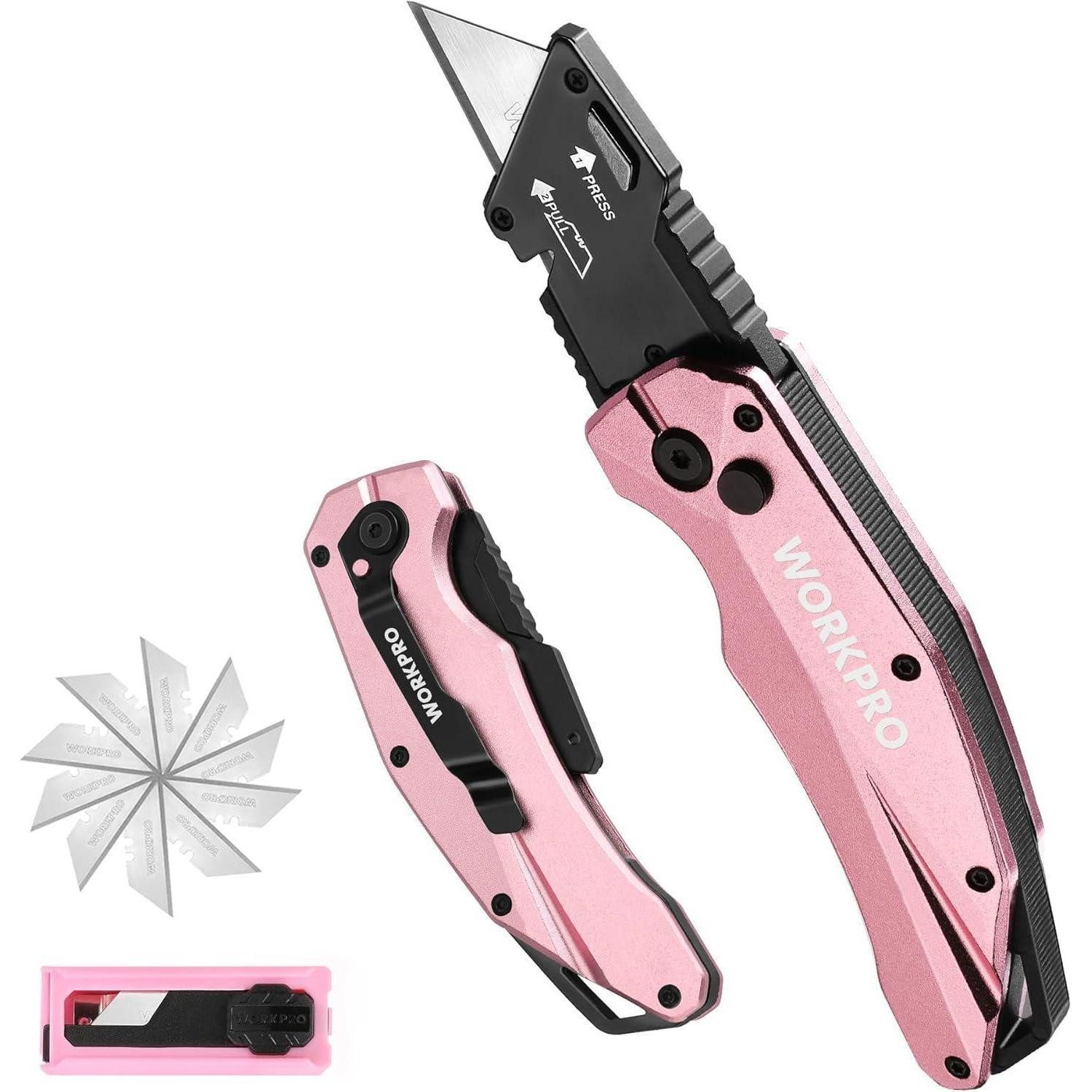 LuxusKollektion Cuttermesser Teppichmesser Klappbar Vollmetall Schnellwechsel 10 Klingen Rosa