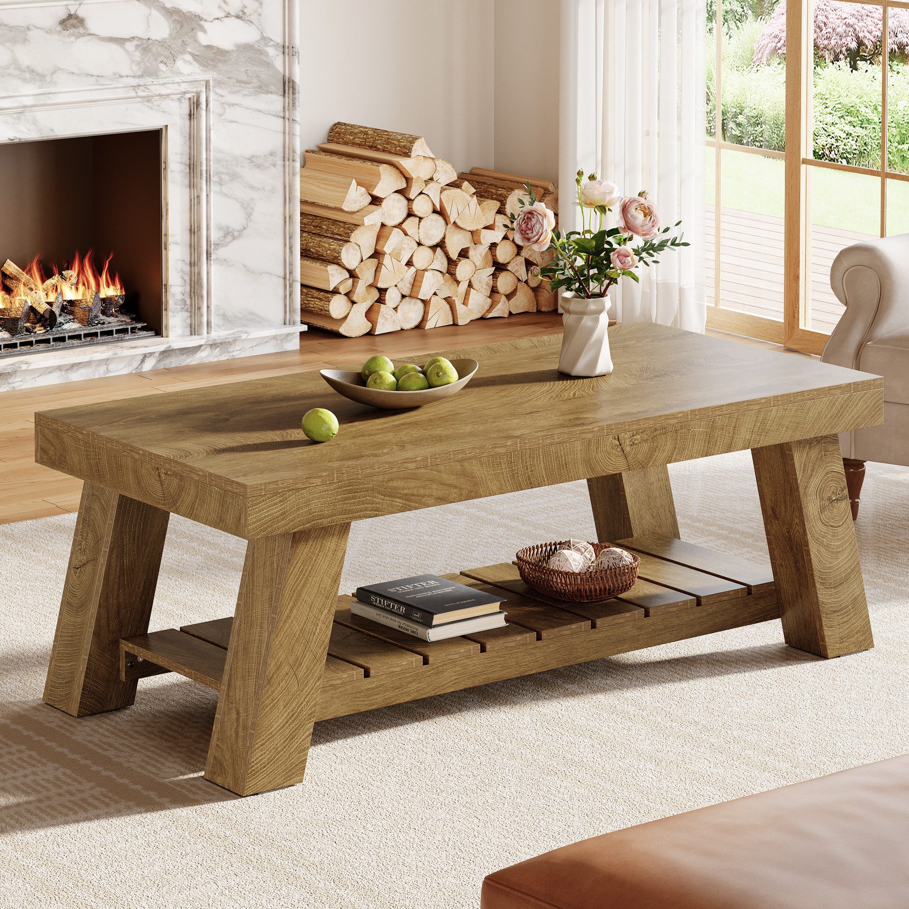 Tribesigns Couchtisch 120 cm Rechteckiger Wohnzimmertisch, Landhaus-Couchtisch mit Stauraum