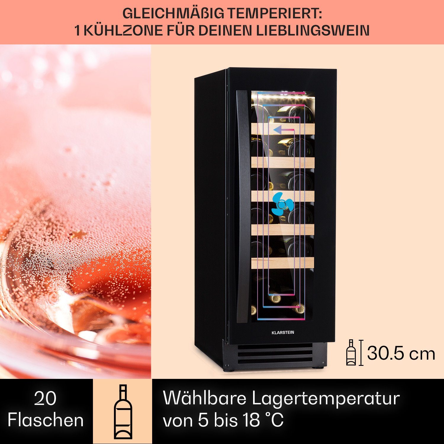 Klarstein Weinkühlschrank Vinovilla 20 Built-In, für 20 Standardflaschen á 0,75l,Wein Flaschenkühlschrank Weintemperierschrank Weinschrank Kühlschrank