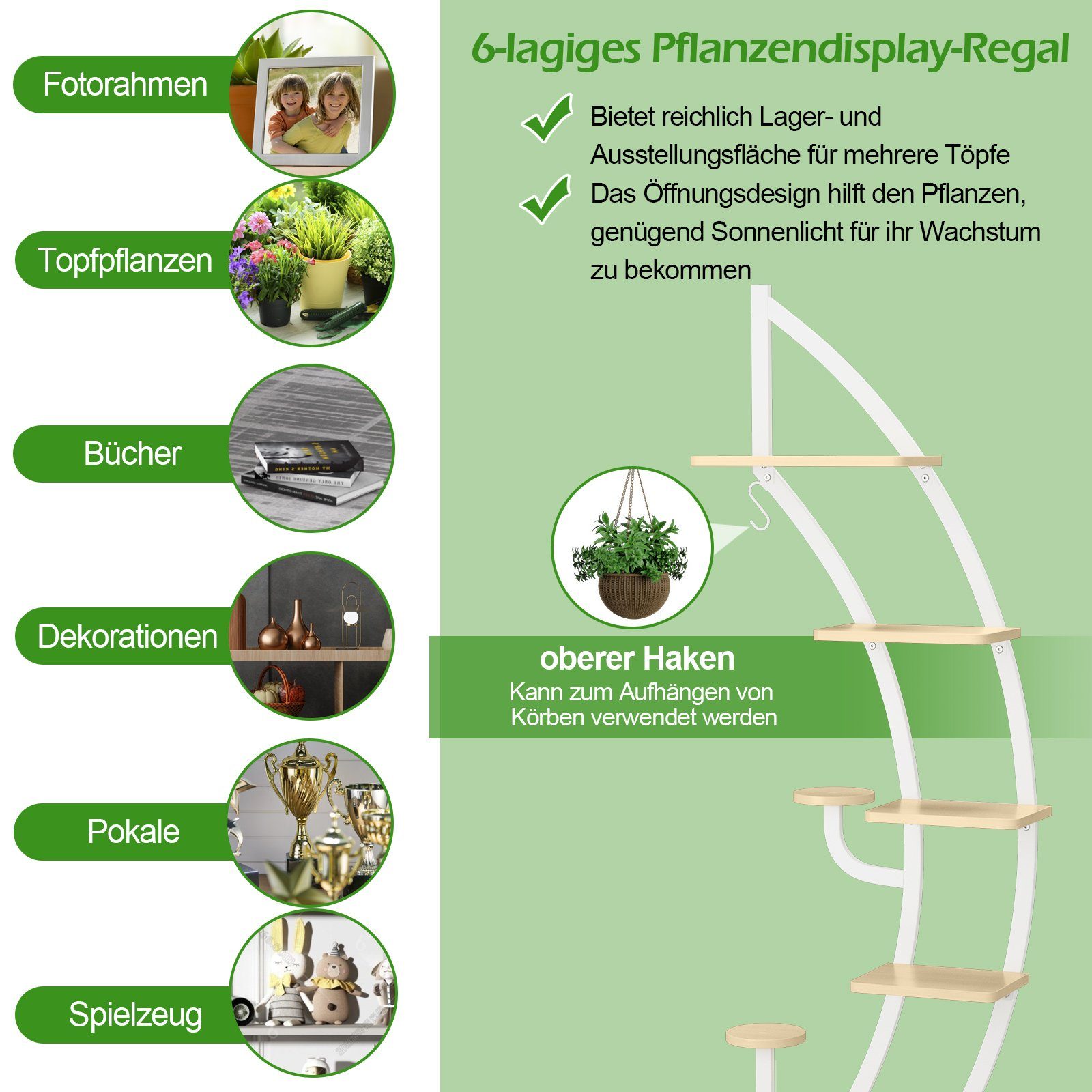 COSTWAY Blumenständer (1 St), 6-stufig, mit 2 Ablagen, Haken & Kippschutz