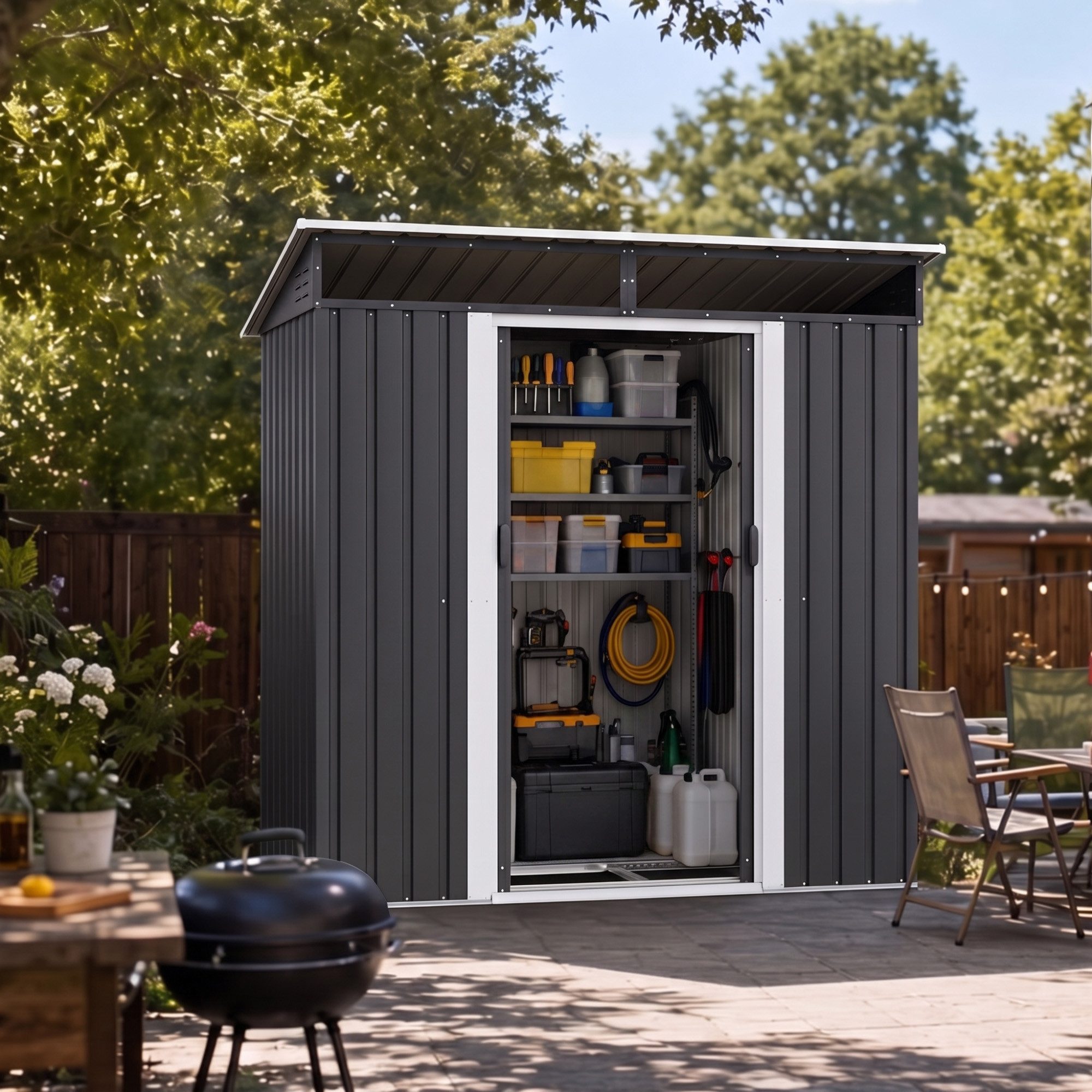 GUNJI Gerätehaus Metall Geräteschuppen Inkl. Stahlfundament, Gartenhaus mit Pultdach, M: 1,8m x 1,1m, L: 2.3m x 2m, XL: 2.4m x 3m, Doppelschiebetür