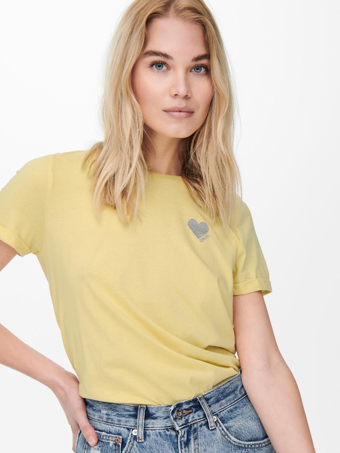 ONLY T-Shirt (1-tlg) Gelb in ONLKITA T-Shirt Basic Brand Einfarbiges 4232 mit Herz
