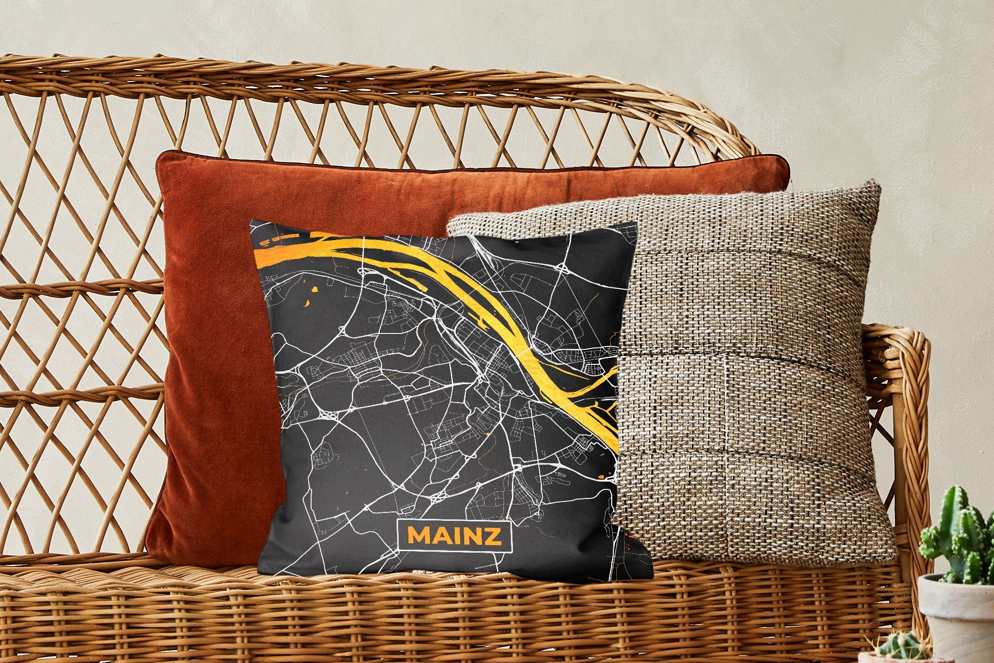 - Schlafzimmer, Mainz - - Zierkissen Gold, Stadtplan Wohzimmer, Deko, Füllung MuchoWow mit für - Sofakissen Dekokissen Deutschland Karte