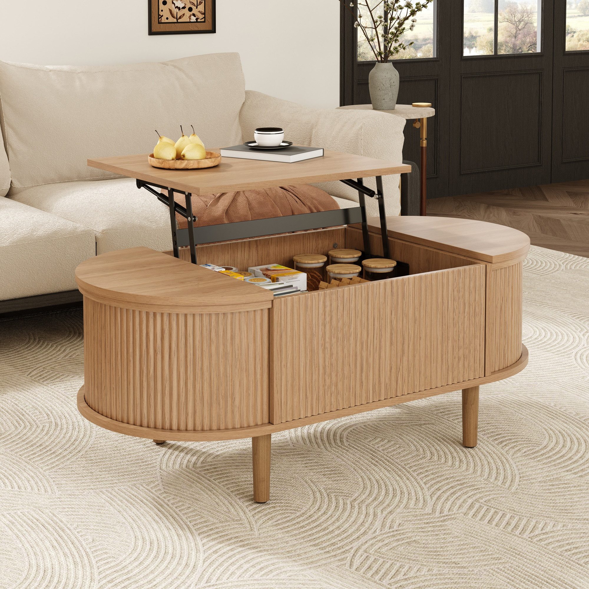 Merax Couchtisch verstellbarer Beistelltisch Ovaler Wohnzimmertisch im Vintage-Stil (100 × 48 × 53,5 cm, 1-St), Sofatisch mit höhenverstellbarer Tischplatte & versteckten Stauräumen