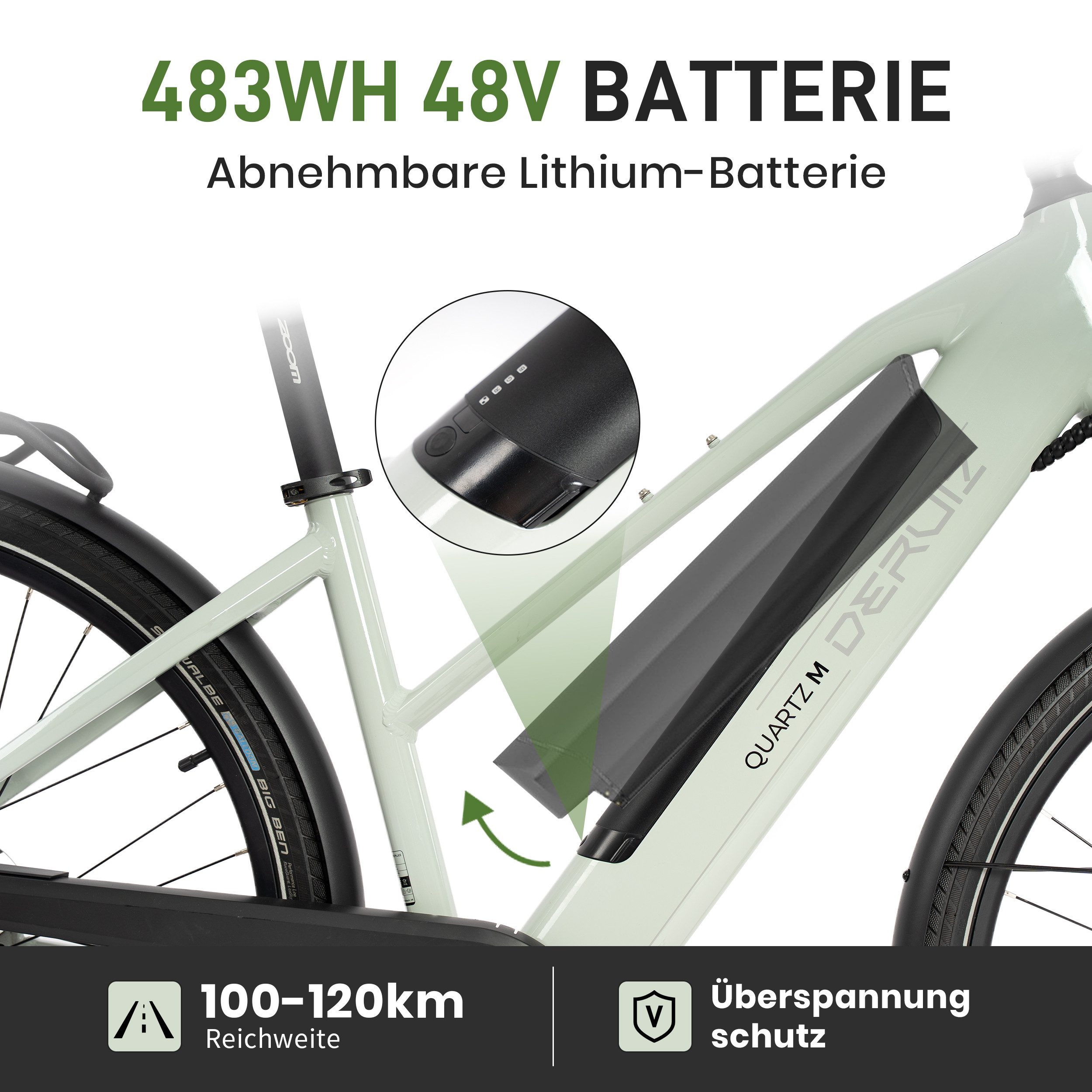 DERUIZ E-Bike Cityrad 28 Zoll, 120 km Reichweite, Lockout-Federgabel, 5 Stufen, Bluetooth, 8 Gang SHIMANO Altus Schaltwerk, Kettenschaltung, Heckmotor, 483 Wh, (Einheitsgröße 44 cm, hydr. Scheibenbremse, Trapezrahmen), Drehmomentsensor, bis zu 170 kg, Elektrofahrrad für Damen Herren