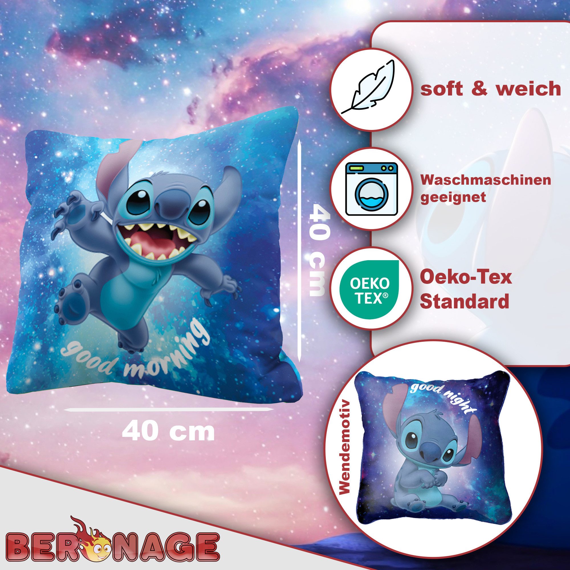 BERONAGE Dekokissen Lilo & Stitch Kissen Out of The World 40x40 cm Good Mor günstig online kaufen