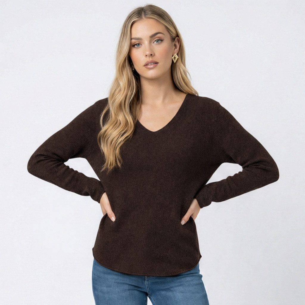 V-Ausschnitt-Pullover Damen Strickpullover V-Ausschnitt Feinstrick Basic Sweater Langarm