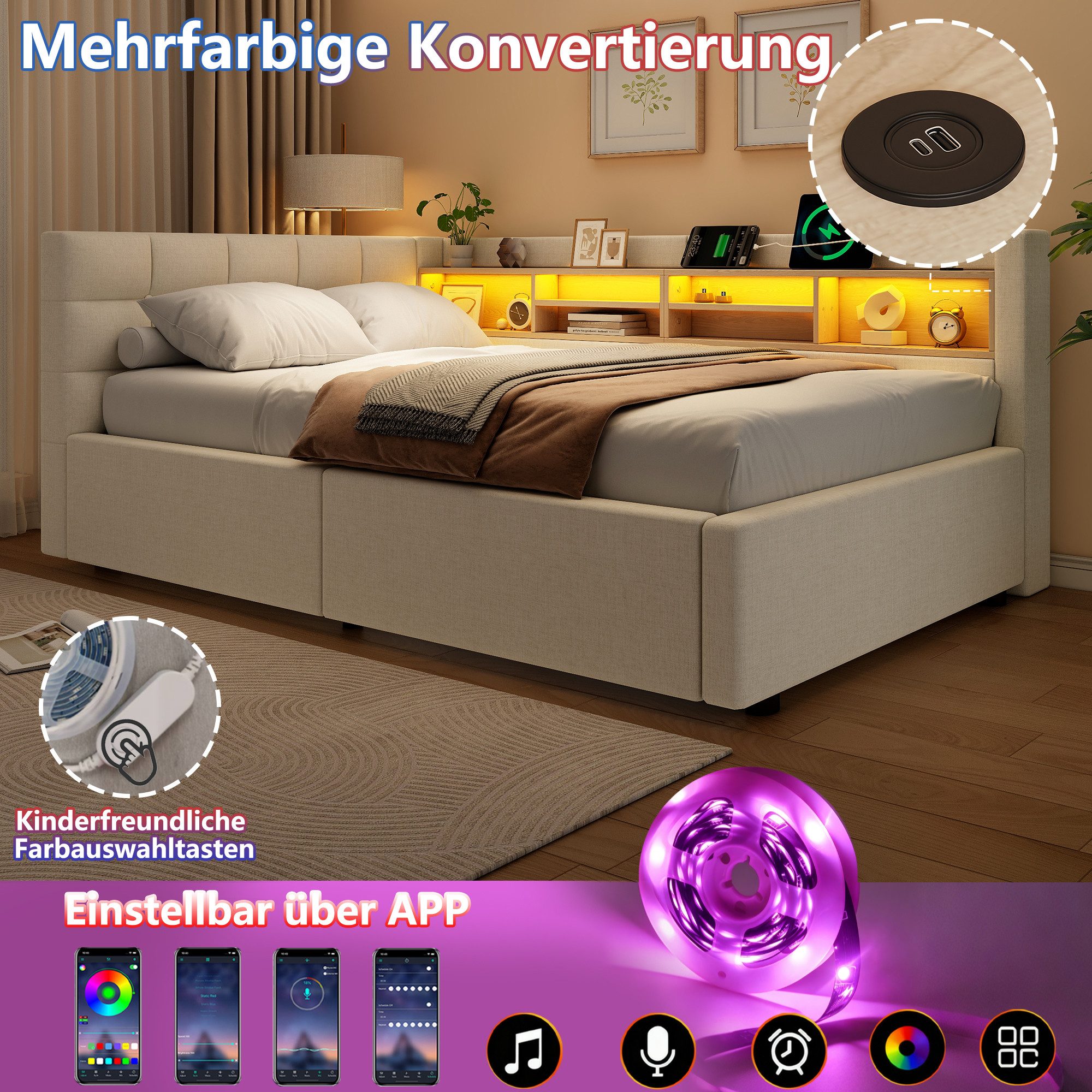 Merax Daybett mit LED-Beleuchtung & USB-Anschluss, Polsterbett mit Leinenbezug (Schlafsofa Jugendbett, 1 tlg), Tagesbett 90x200cm mit hydraulischem Stauraum & S – Bild 4 von 5