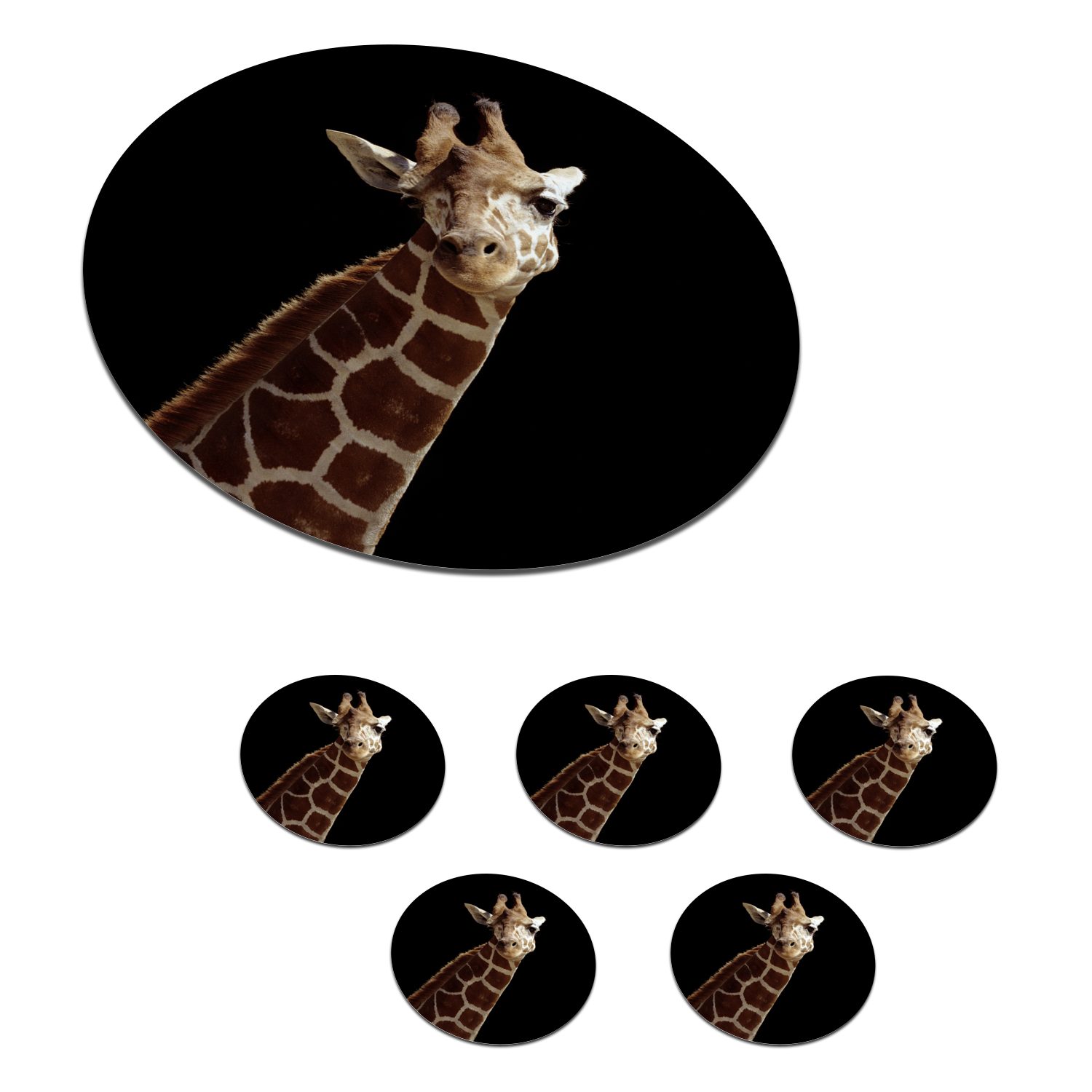 Giraffe Korkuntersetzer, 6-tlg., MuchoWow schwarzen Porträt Hintergrund, Becher Glasuntersetzer für Gläser, Zubehör für Tasse, Tassenuntersetzer, Getränkeuntersetzer,