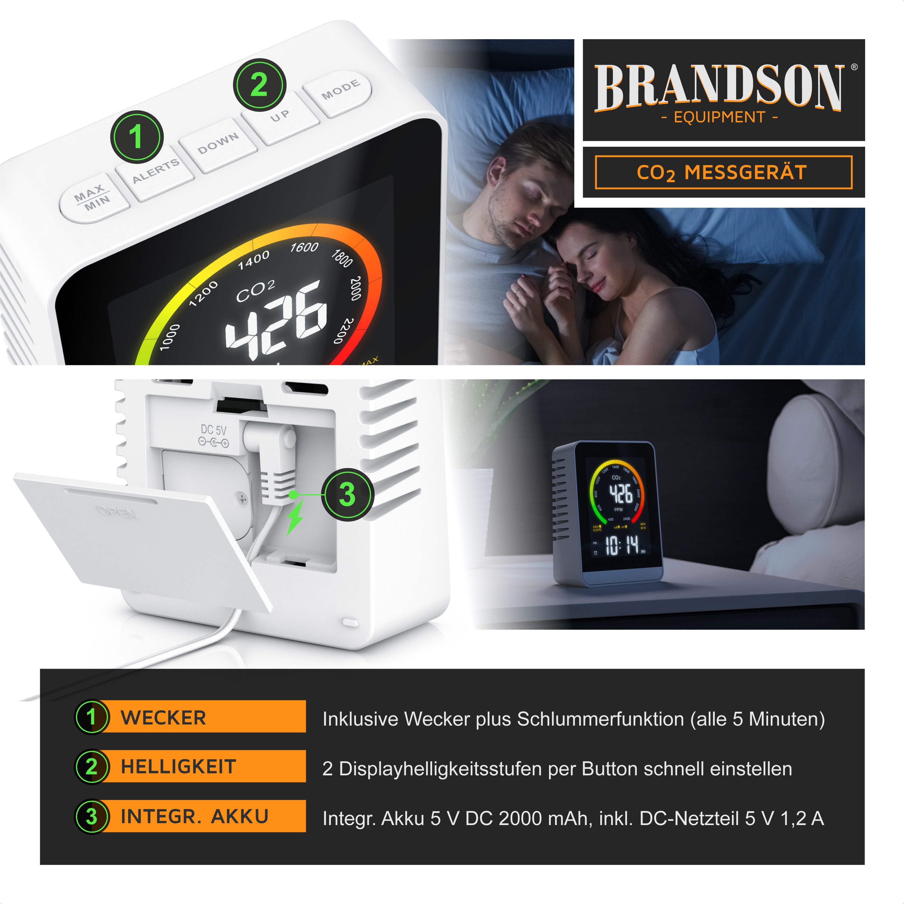 Brandson Raumluft-Qualitätssensor CO2 Messgerät, Luftqualität Melder, Kohlendioxidmessung, Warnmelder, (1-St), Sensor für Luftqualität, CO2 Messung, Präzise Kohlendioxidmessung