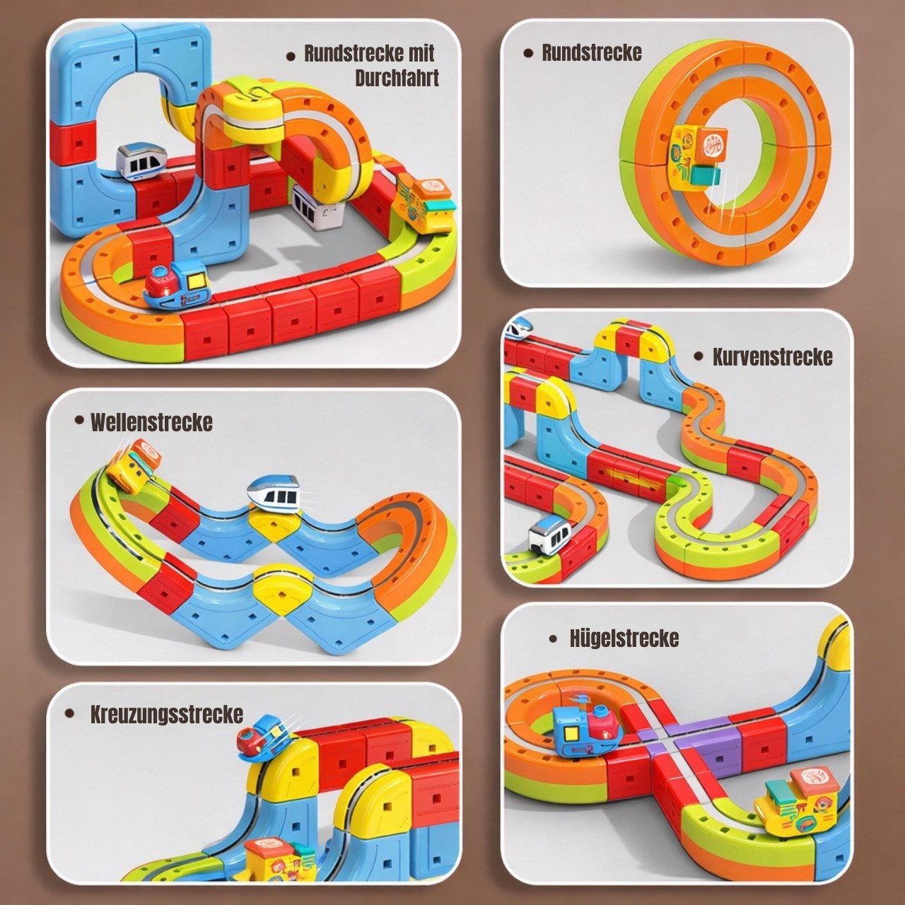 Goldstern-Tech Spielzeugeisenbahn-Set Magnetische Zugbahn Baukasten, (56-tlg., Wählbar als 56, 80 oder 150 Teile Rennbahn Set), Magnetische 3D Zugstrecke – flexibel & motorisiert