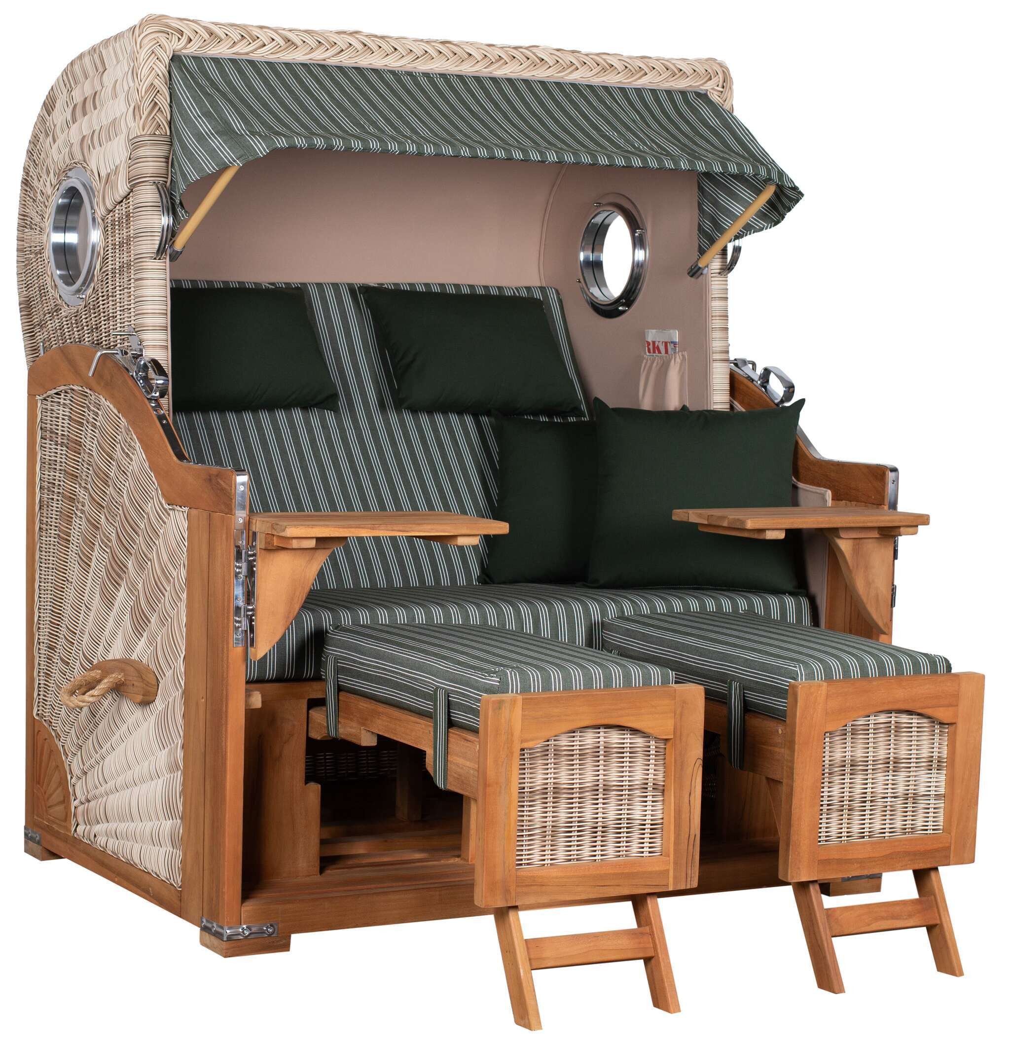 MR.DEKO Strandkorb XL Düne Grande wetterfest Teak PE Shell 2,5 Sitzer mit Bullauge, BxTxH: 142x95x170 cm, Volllieger, Düne, (Fertig montierter Strandkorb für Garten, Terrasse & Balkon), Wetterfester Volllieger mit Edelstahlbeschlägen & waschbaren Polstern