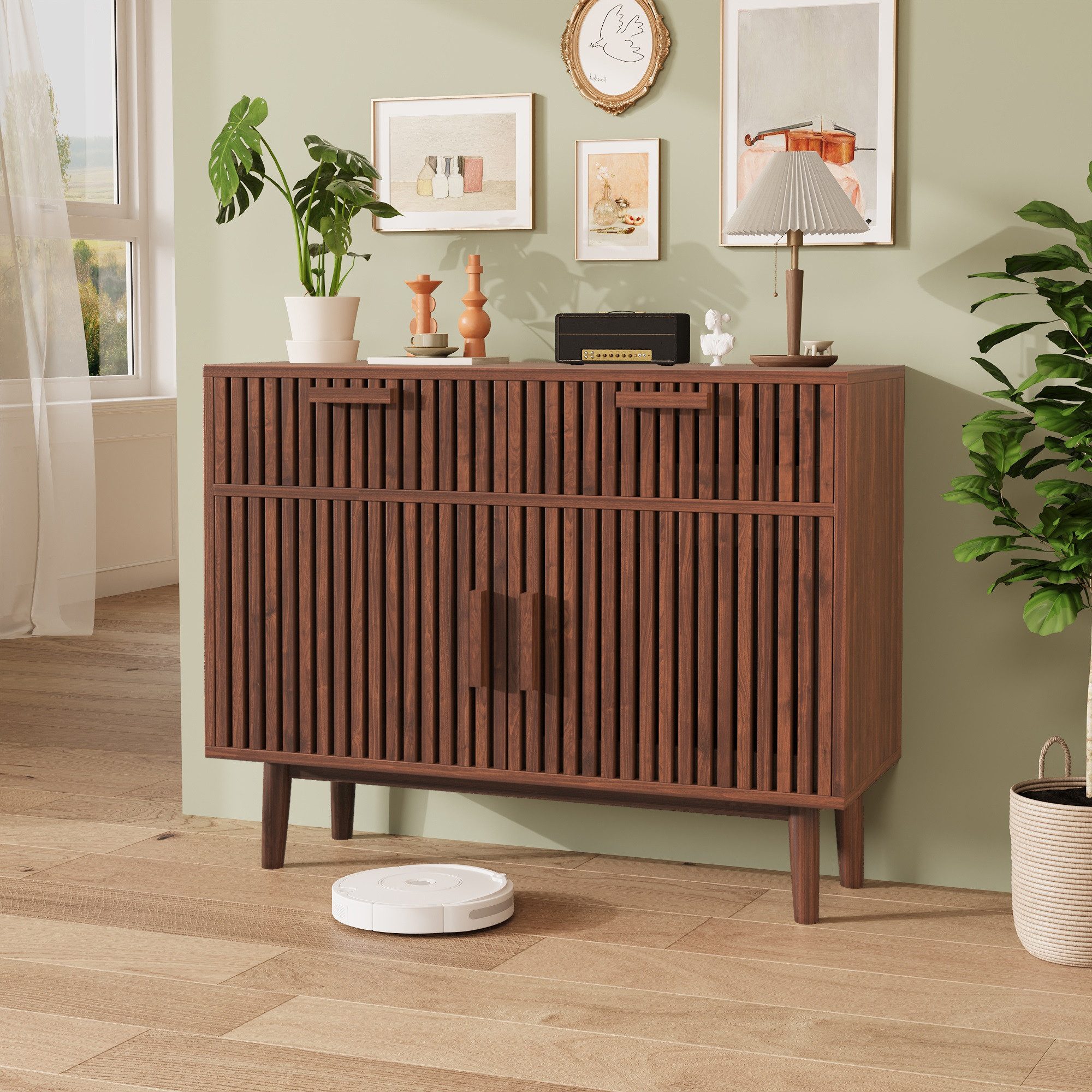 zebery Kommode Sideboard Buffetschrank aus Holz, Holzbeine (Set, 1 St., Anrichte Küchenschrank mit 2 Schubladen und 2 Türen), für Schlafzimmer, Wohnzimmer, Flur, 100x35x80cm, Walnuss