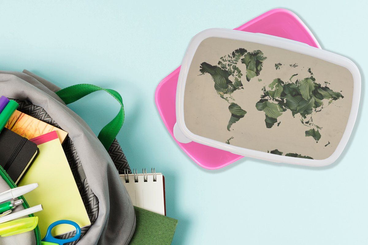 rosa (2-tlg), - MuchoWow Grün, für Kunststoff Lunchbox Brotbox - Weltkarte Erwachsene, Blätter Kinder, Brotdose Snackbox, Kunststoff, Mädchen,