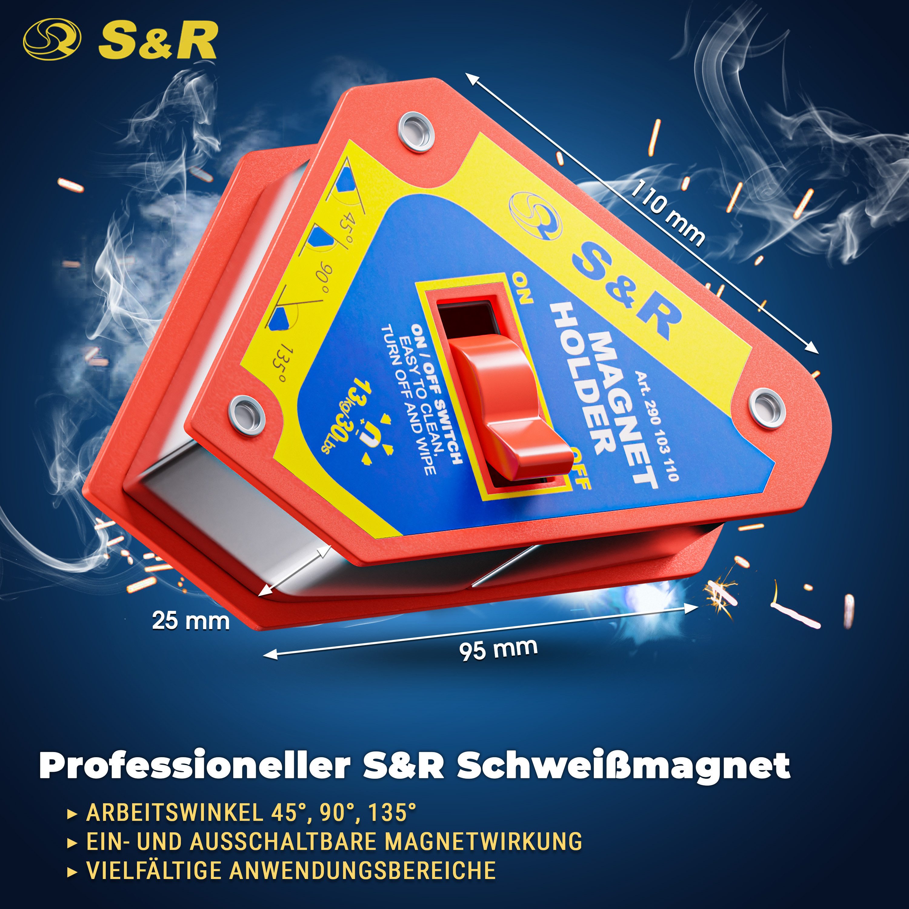 S&R Magnet-Schweißwinkel Schweißmagnet mit Ein-Ausschalter und hoher Haltekraft (13 Kg), (1-St), Schweißwinkel 45° / 90° / 135° - 11cm x 9.5cm x 2.5cm