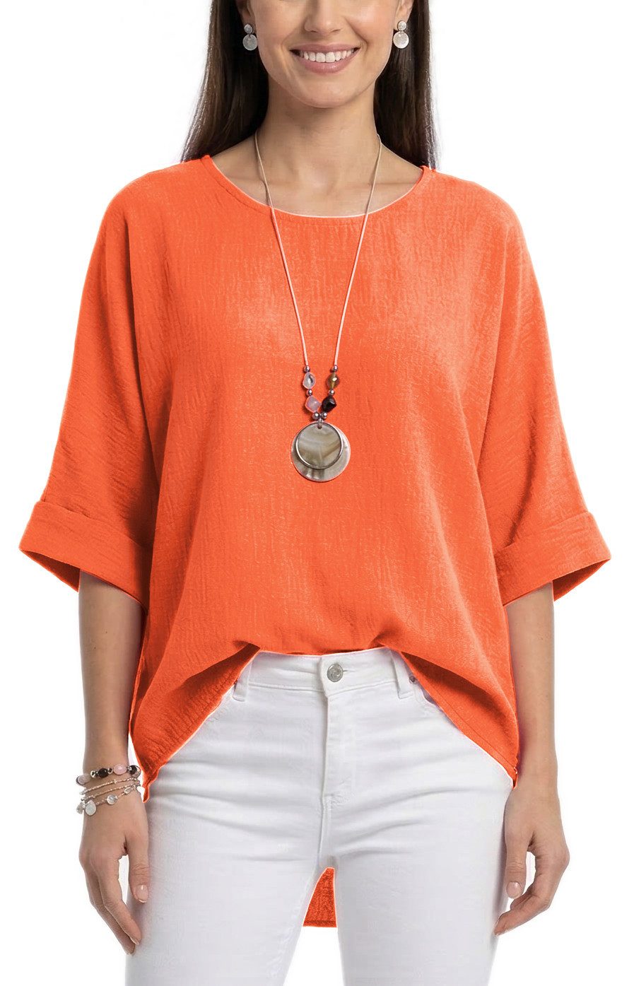 dy_mode Kurzarmbluse Damen Bluse Oversize Tunika Leichte Viskosebluse Oberteil Einfarbig in Unifarbe, High-Low Saum, mit passende Kette