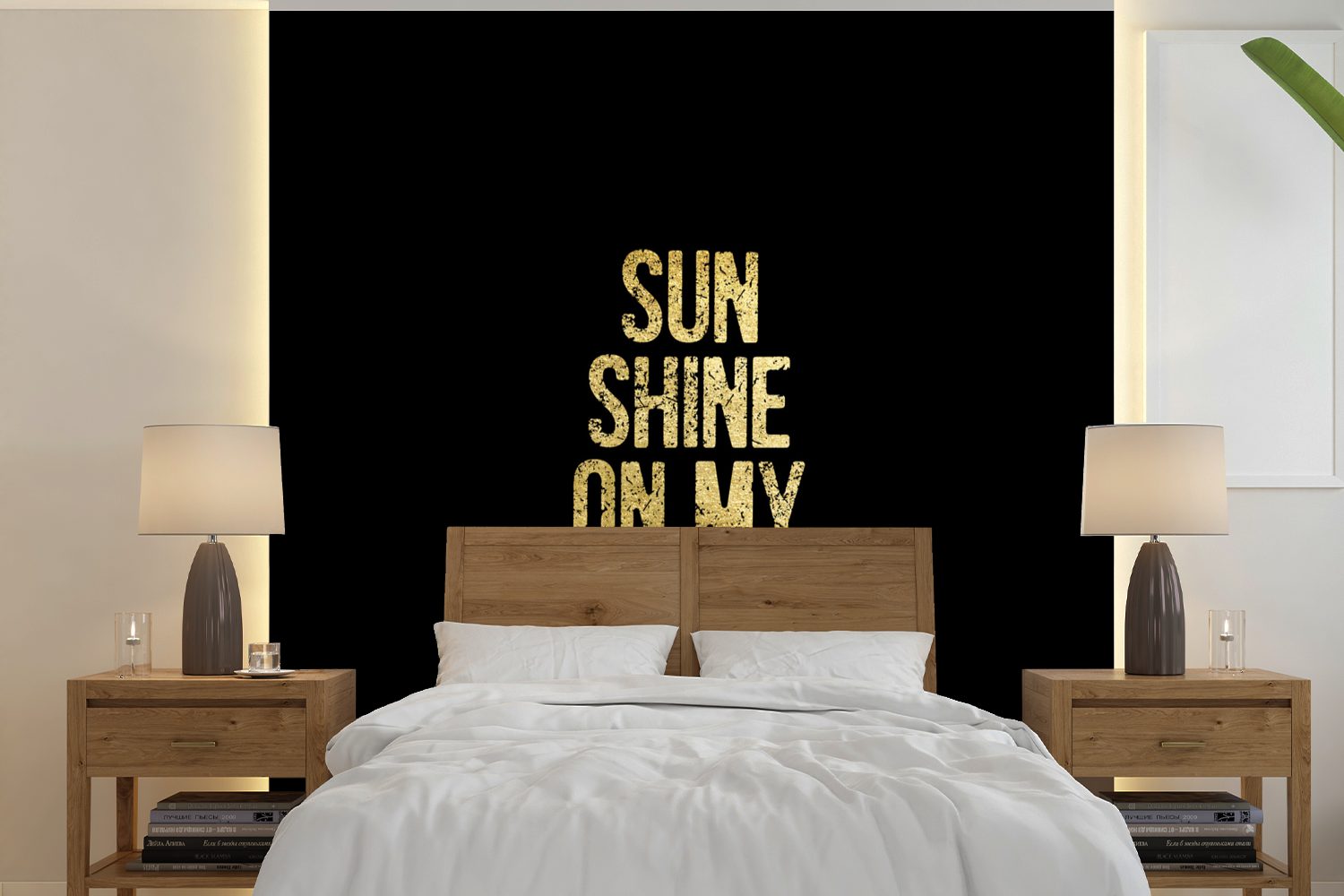 MuchoWow Fototapete Zitate - Sonne - Gold - Briefe, Matt, bedruckt, (5 St), Vinyl Tapete für Wohnzimmer oder Schlafzimmer, Wandtapete