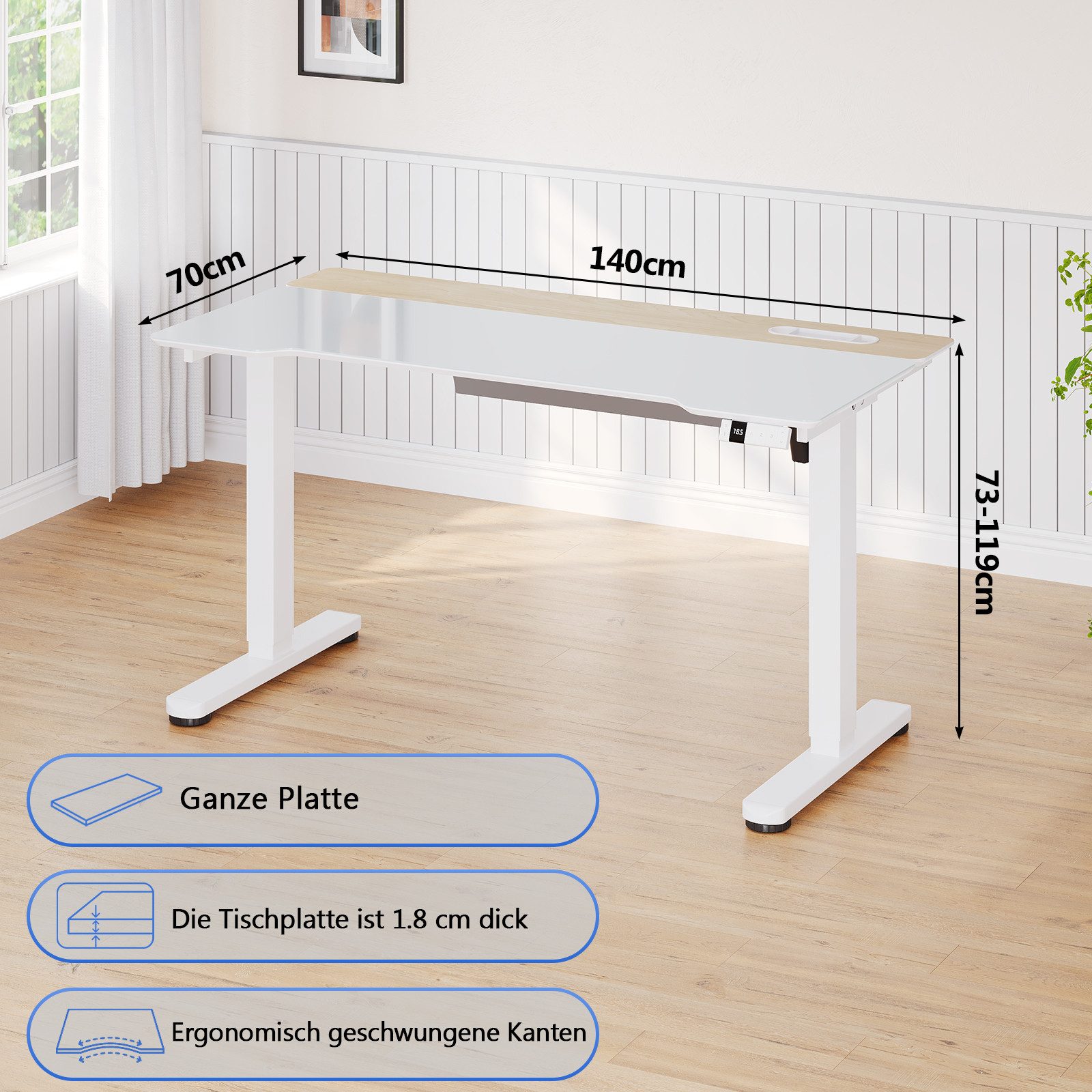 HOMALL Schreibtisch Höhenverstellbarer Schreibtisch, 140 x 70 cm, durchgehende Glasplatte (18 mm Vollglas-Platte, 3 Memory-Funktionen, USB-Anschluss & Anti-Kollisionsschutz, Design mit zweifarbiger Tischplatte)