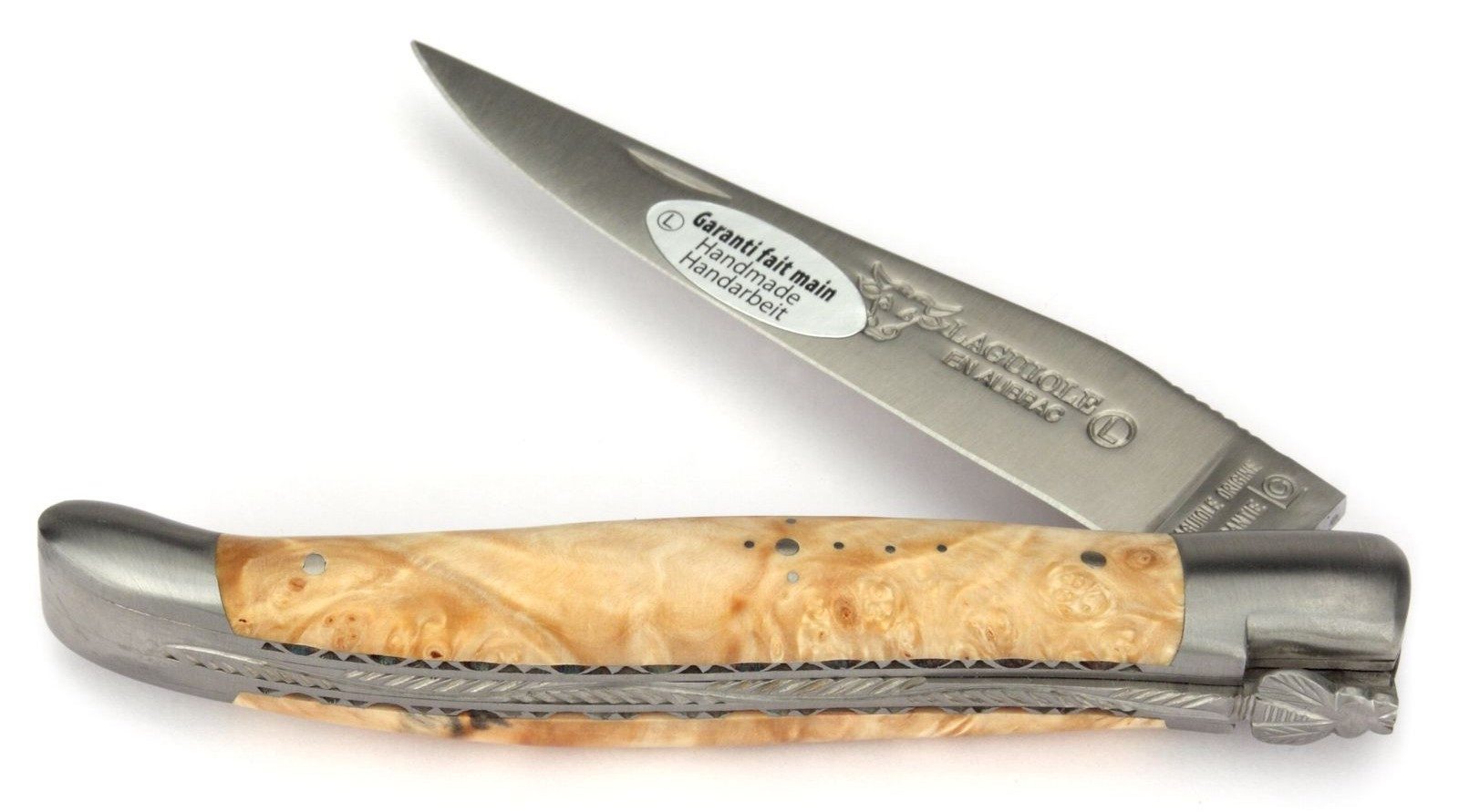 Laguiole en Aubrac Taschenmesser L0712NWIF, Griff 12cm Rosskastanie - Feder verziert - Doppelplatine - Stahl matt
