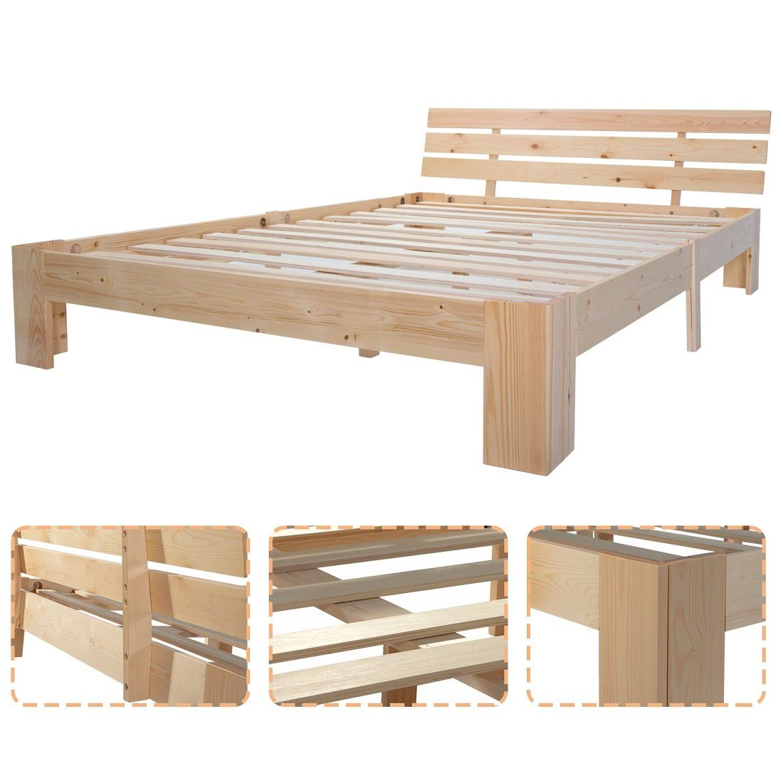 Ulife Massivholzbett 140 x 200 cm, Bettgestell mit Lattenrost, Doppelbett mit Kopfteil (Ohne Matratze), als Kieferbett verwendbar, Natur – Bild 5 von 5