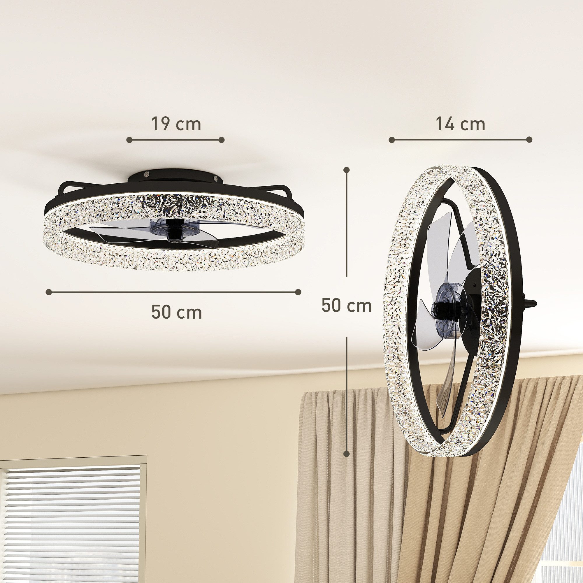 HOMCOM Deckenventilator LED Deckenleuchte mit DC-Motor, 40 W, dimmbar, leise, Schwarz, mit Fernbedienung, 6 Geschwindigkeiten, 3 Farbtemperaturen