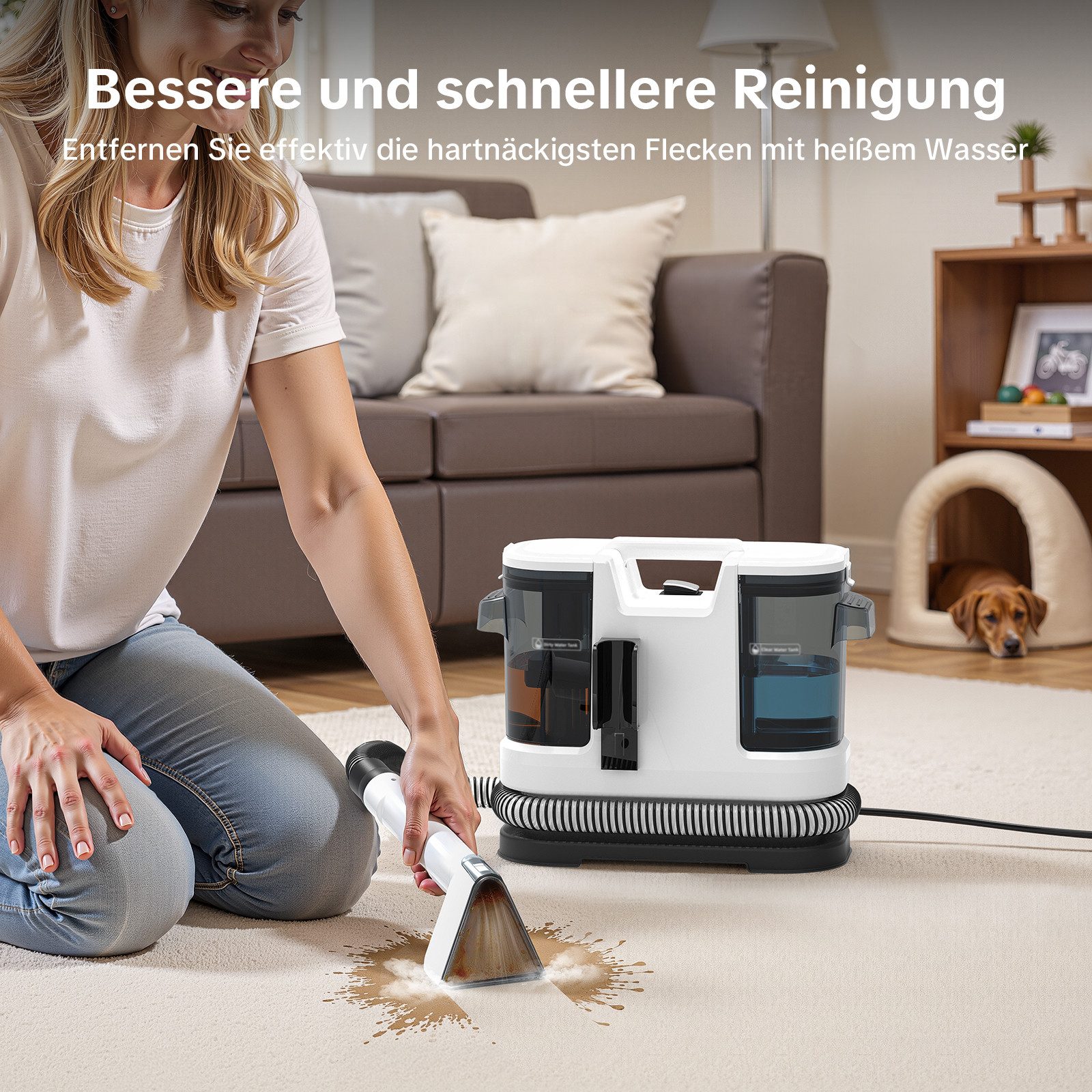 lubluelu Teppichreinigungsgerät V8 Teppichreiniger Waschsauger mit Heizfunktion Fleckenreiniger, 1400 W, beutellos, mit 15000pa Saugkraft, für Sofas, Teppiche und Autositze
