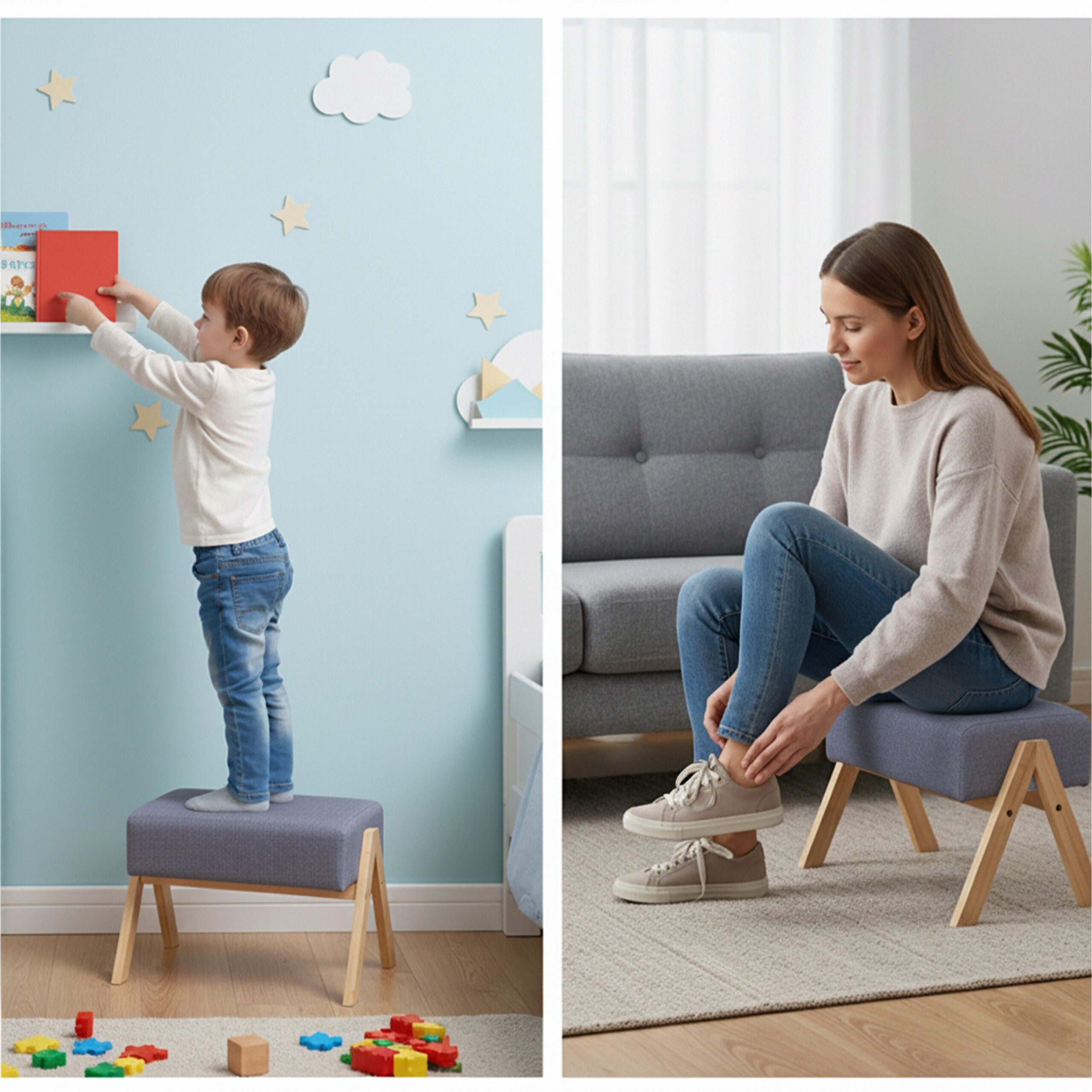 relaxdays Fußhocker Bambus & Stoff, grau