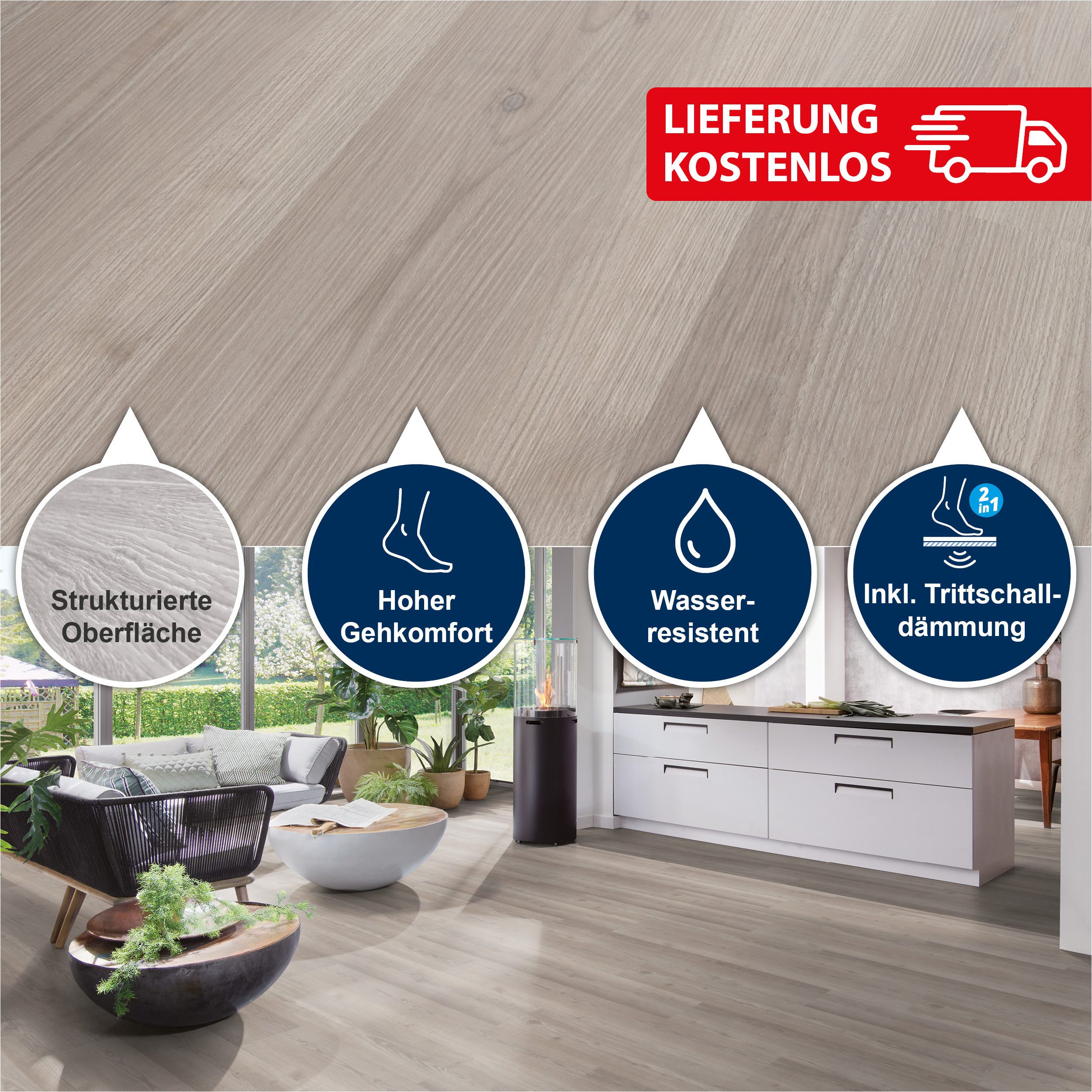 Strong SPC Designboden 1524 x 228 x 6,5 mm Premium Klick-Vinylboden inkl. Trittschalldämmung, Packung mit 1,737 qm, Versandkostenfreie Lieferung, Inkl. Trittschalldämmung, Wasserfest und mit Klicksystem