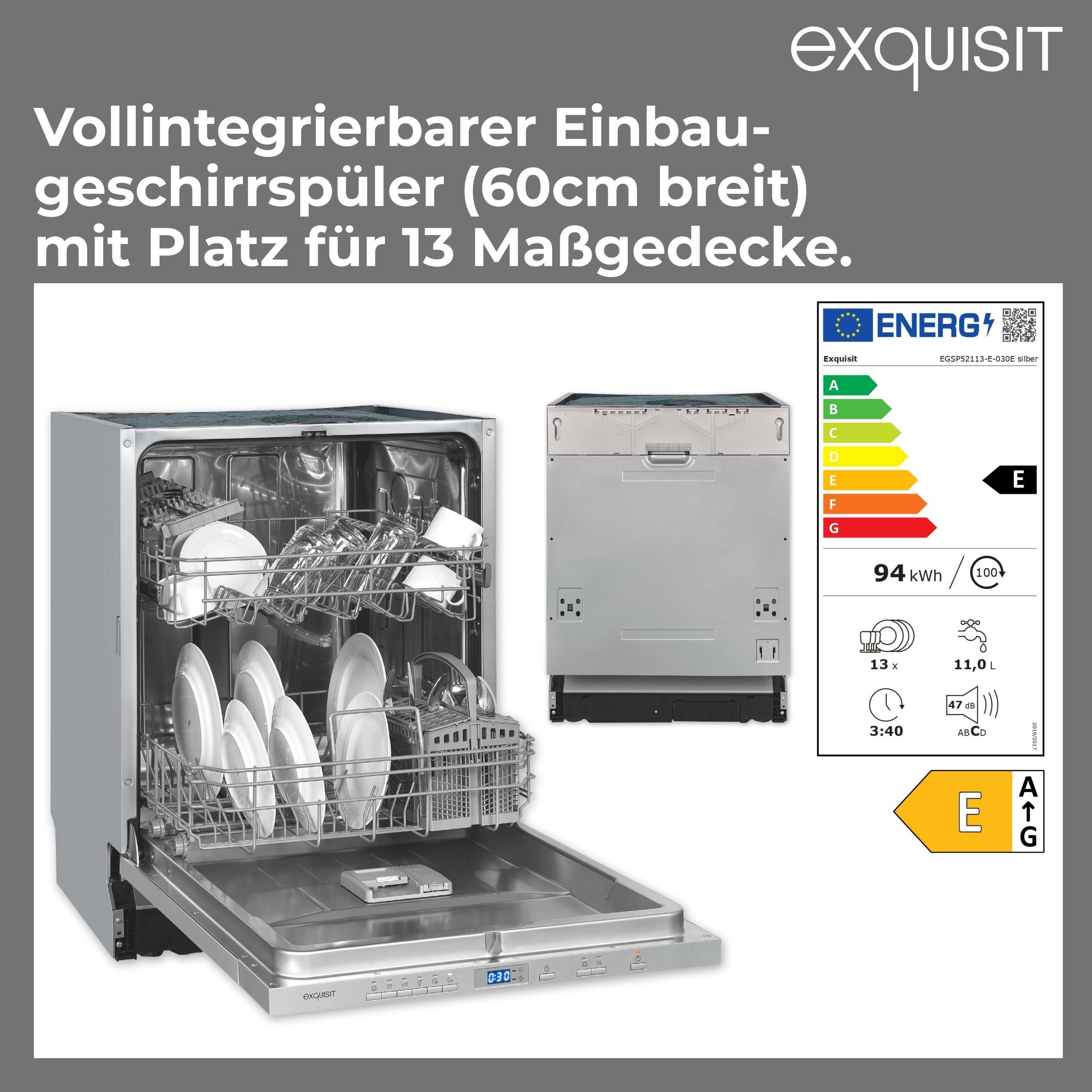 exquisit vollintegrierbarer Geschirrspüler PLUS EGSP2113-E-030E, 11 l, 13 Maßgedecke, 60 cm Breite, 6 Spülprogramme, Extra-Trocknung