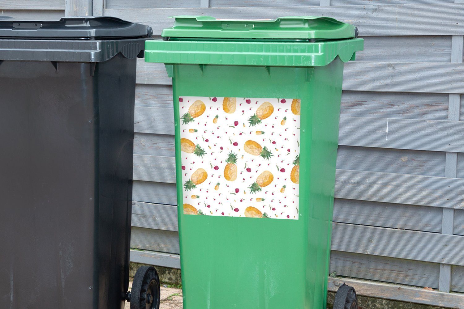 St), Ananas MuchoWow Container, (1 Abfalbehälter Wandsticker Kirschen Mülltonne, Sticker, Aquarelle - - Mülleimer-aufkleber,