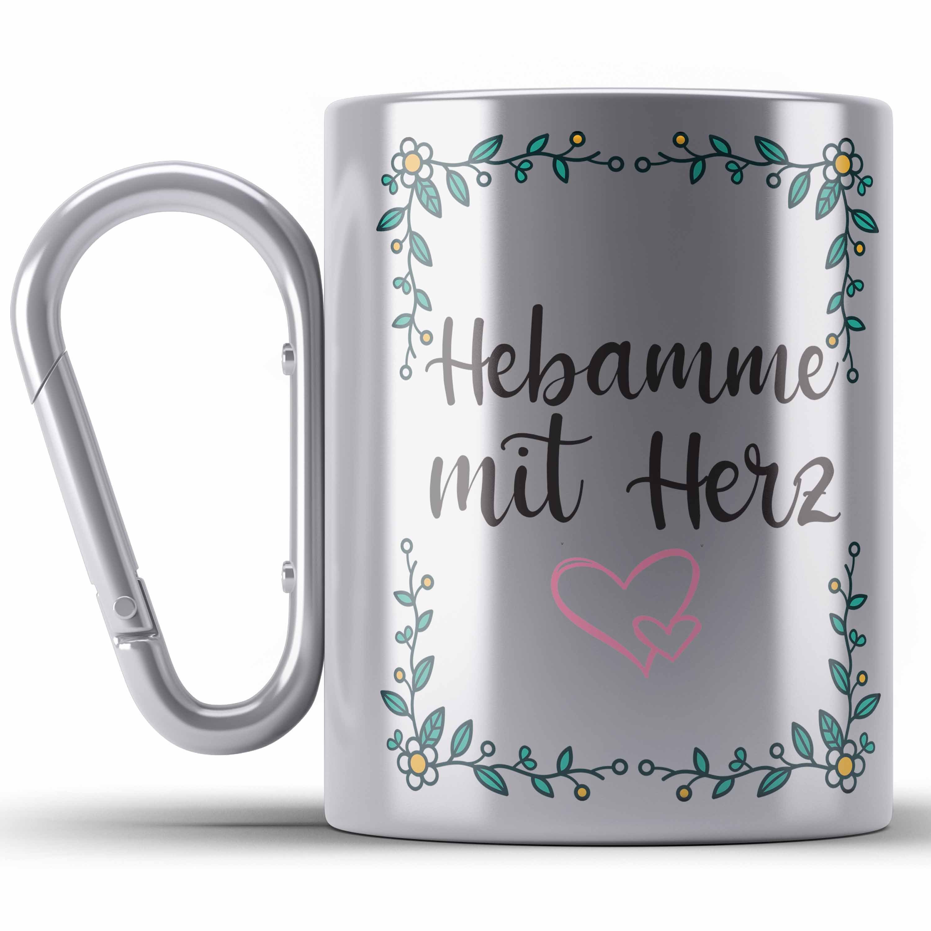 Trendation Thermotasse Hebamme mit Herz Edelstahl Tasse mit Spruch Geschenk Silber