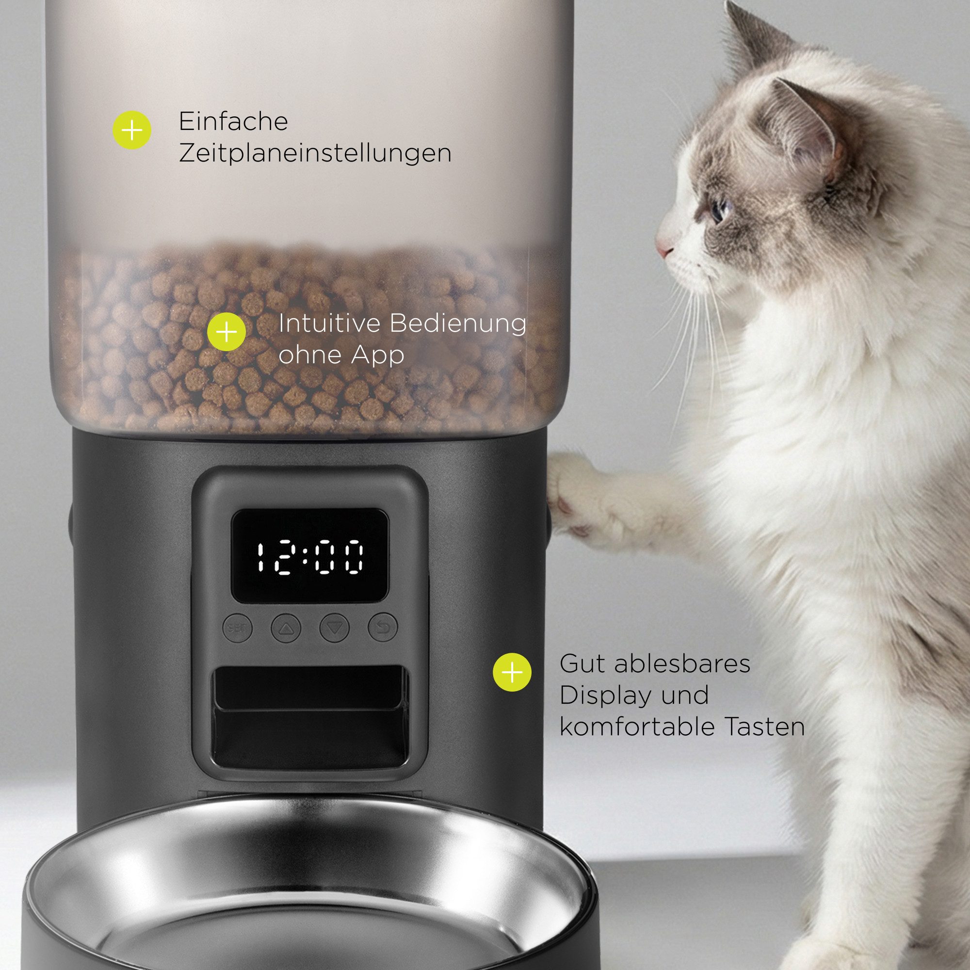 Peluvio Katzen-Futterautomat CRIPSY CAT, 4,5L Vorrat / LCD-Display / 4 Mahlz./Tag / Batterienotbetrieb