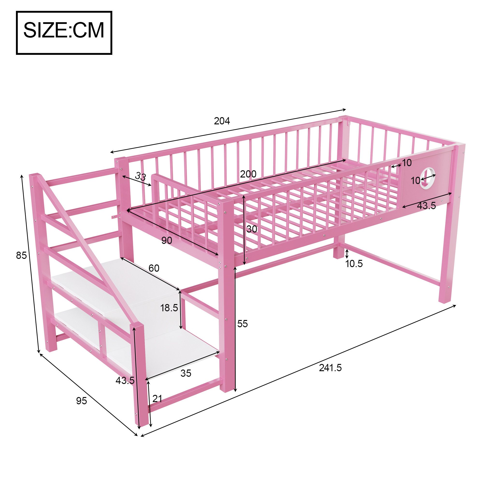 Celya Hochbett Kinderhochbett mit Stauraumleiter (ohne Matratze, 90 x 200 cm, stabilem Metallrahmen) Leiter, Stauraum, platzsparendes Design