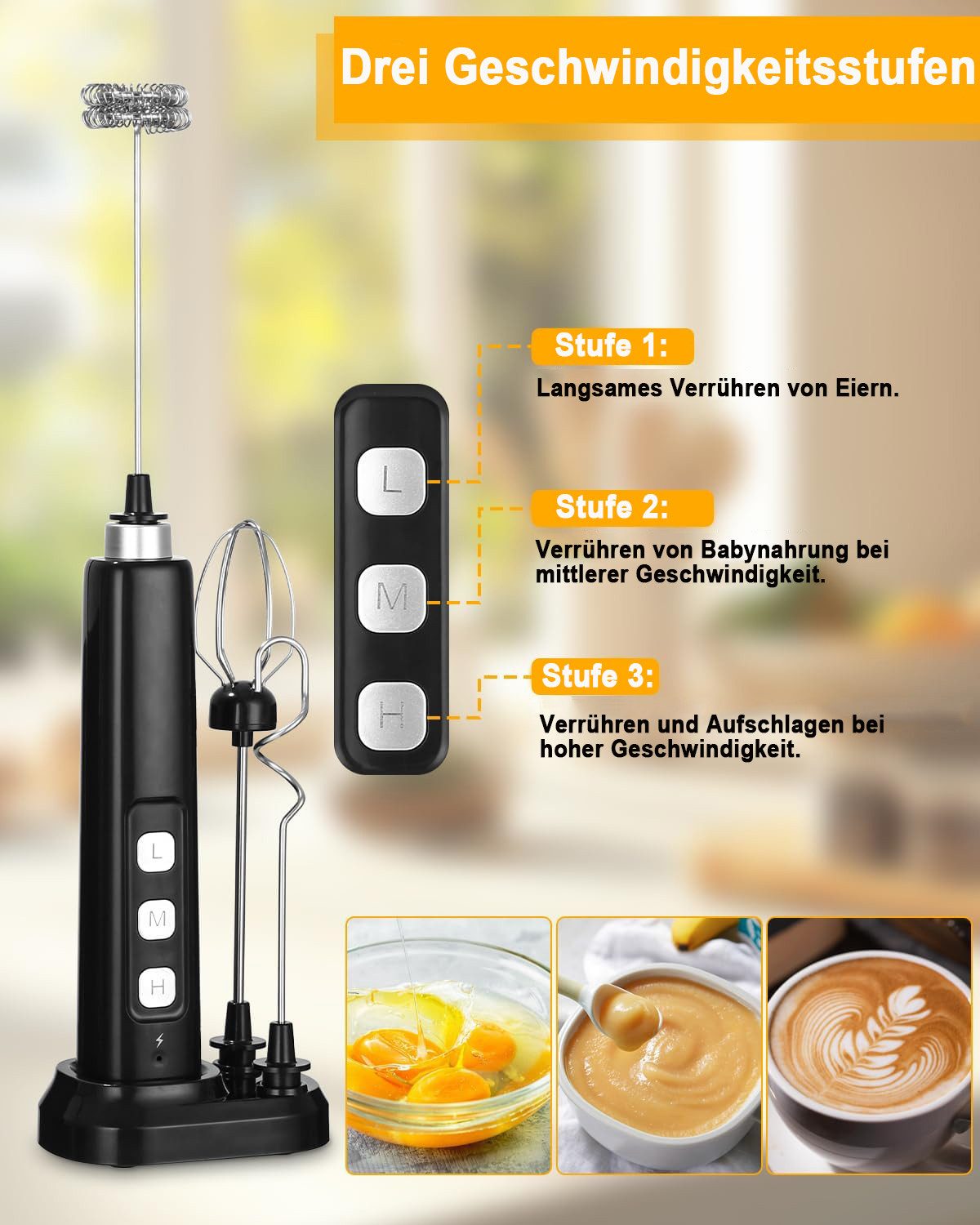 TUWENA Milchaufschäumer Elektrischer Milchaufschäumer Mini Schneebesen USB-C Aufschäumer, 3-in-1, 3 Stufen, 3 Aufsätze, für Kaffee, Cappuccino, Sahne & Eier