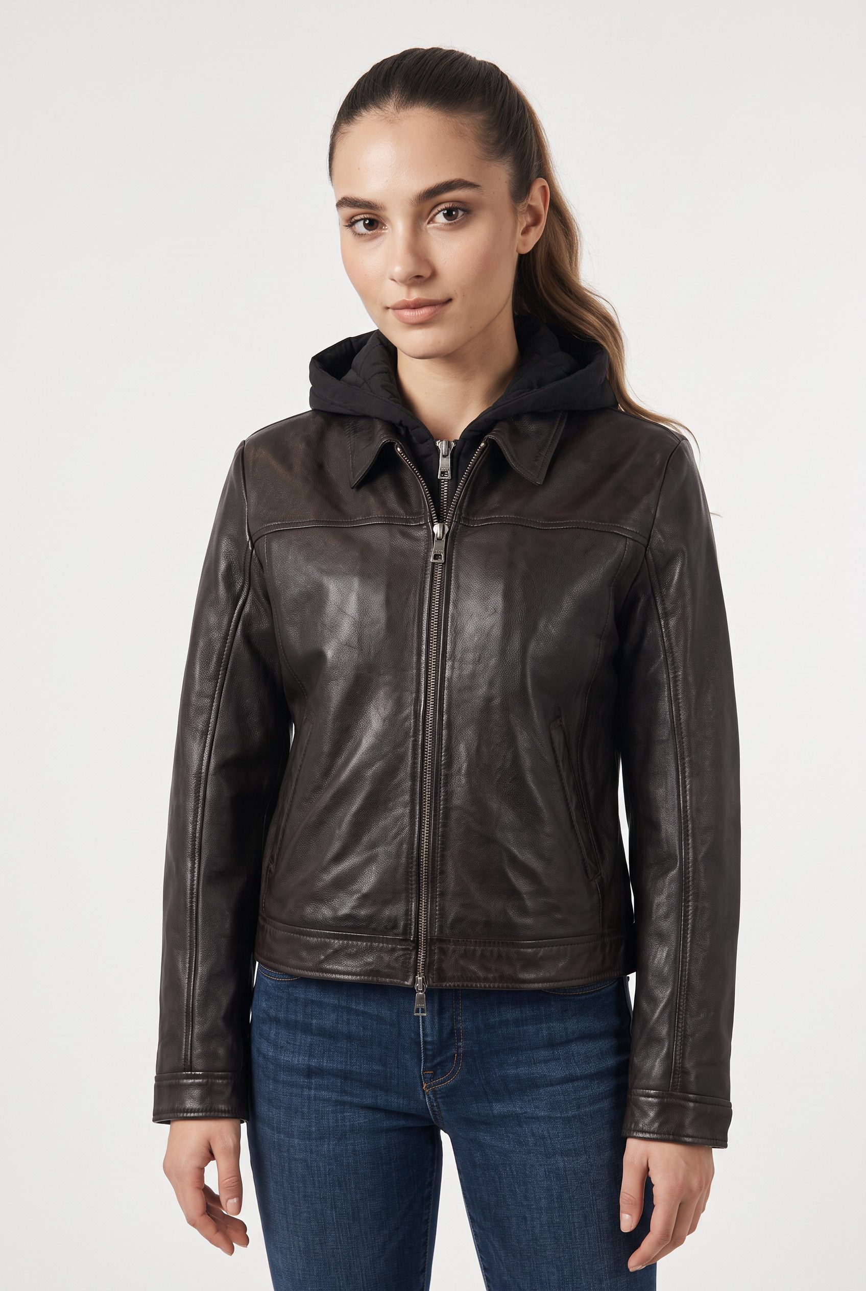 Mauritius Lederjacke MWAvih mit abnehmbarer Nylon-Kapuze