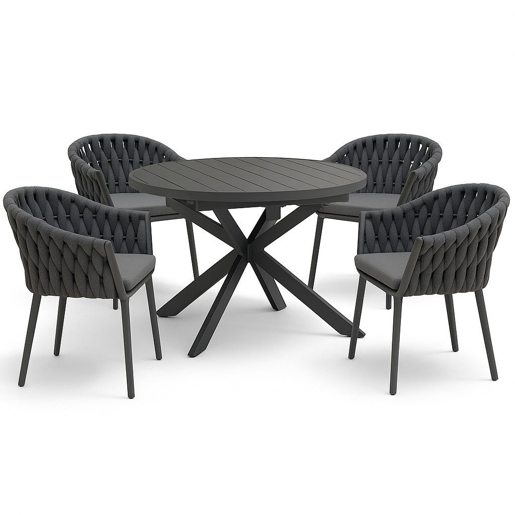 Destiny Garten-Essgruppe MOLINO ARONA, (9-tlg., 4x Sessel, 1x Tisch), 4x stapelb. Sessel +Polster, 1x Tisch ausziehb. 120/170cm, 145/199 cm