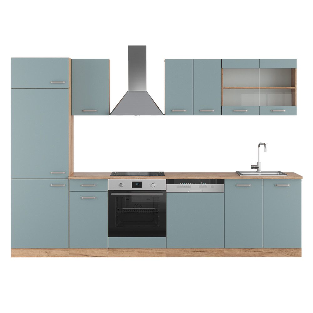 Livinity® Küchenzeile R-Line, Blau-Grau/Goldkraft Eiche, 300 cm, AP Anthrazit
