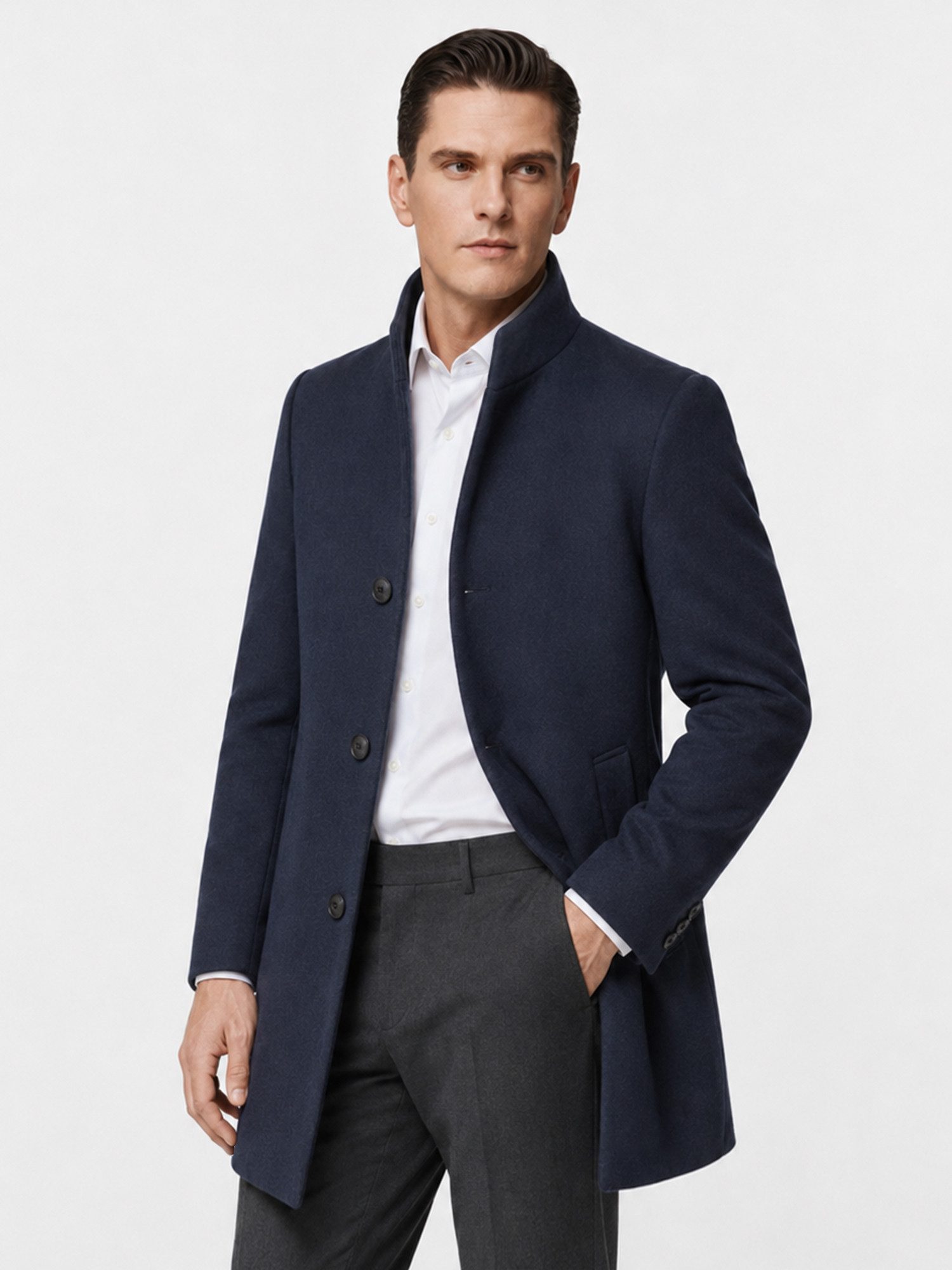 Allthemen Wintermantel warmer Wintermantel aus Wollmisch Herren Wollmisch-Wintermantel Slim Fit mittellang Stehkragen Business