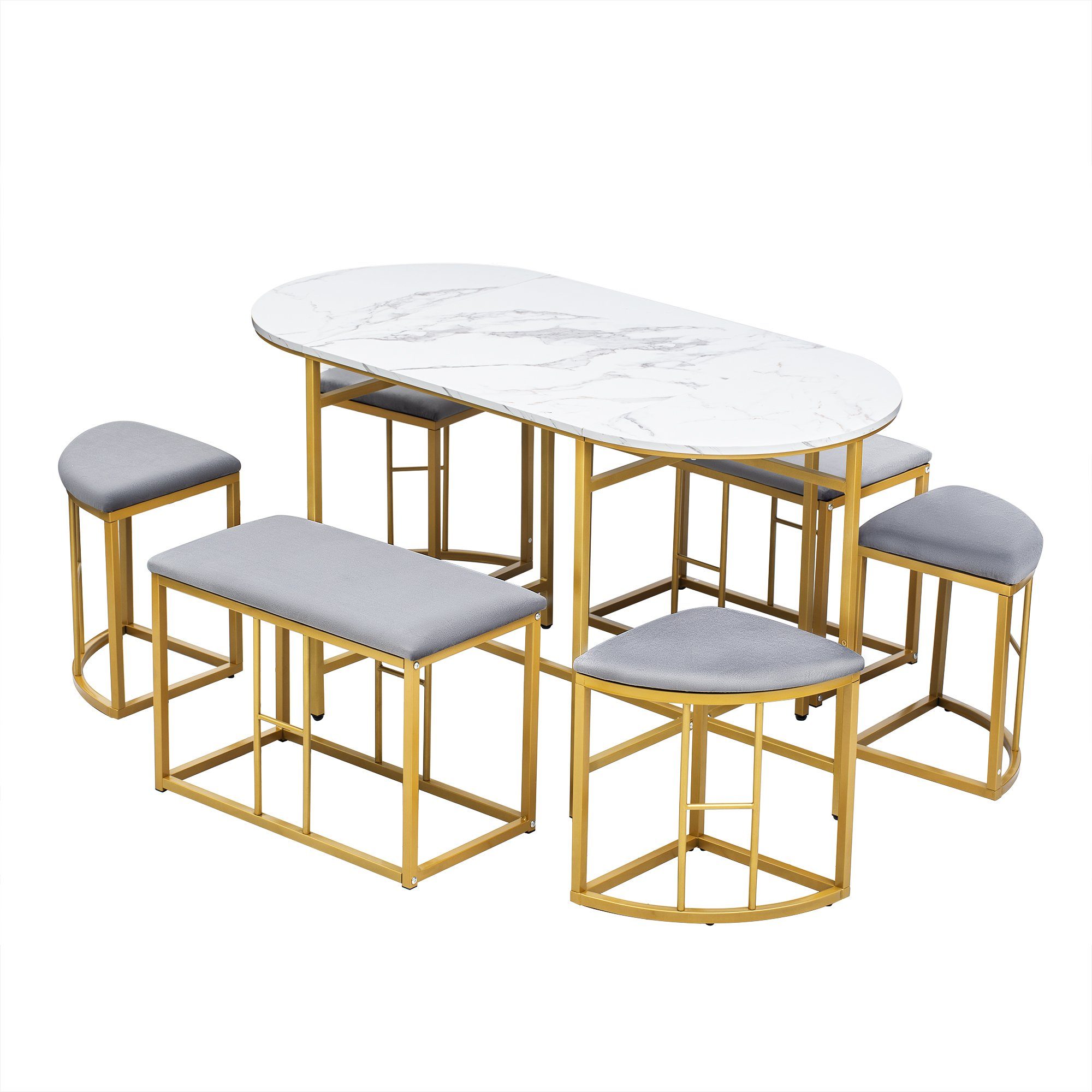 Essgruppe, (Küchentisch Set, 7-tlg., Esstisch mit 6 Hockers), Tisch in Marmoroptik, Samt Hocker, Stahlrahmen